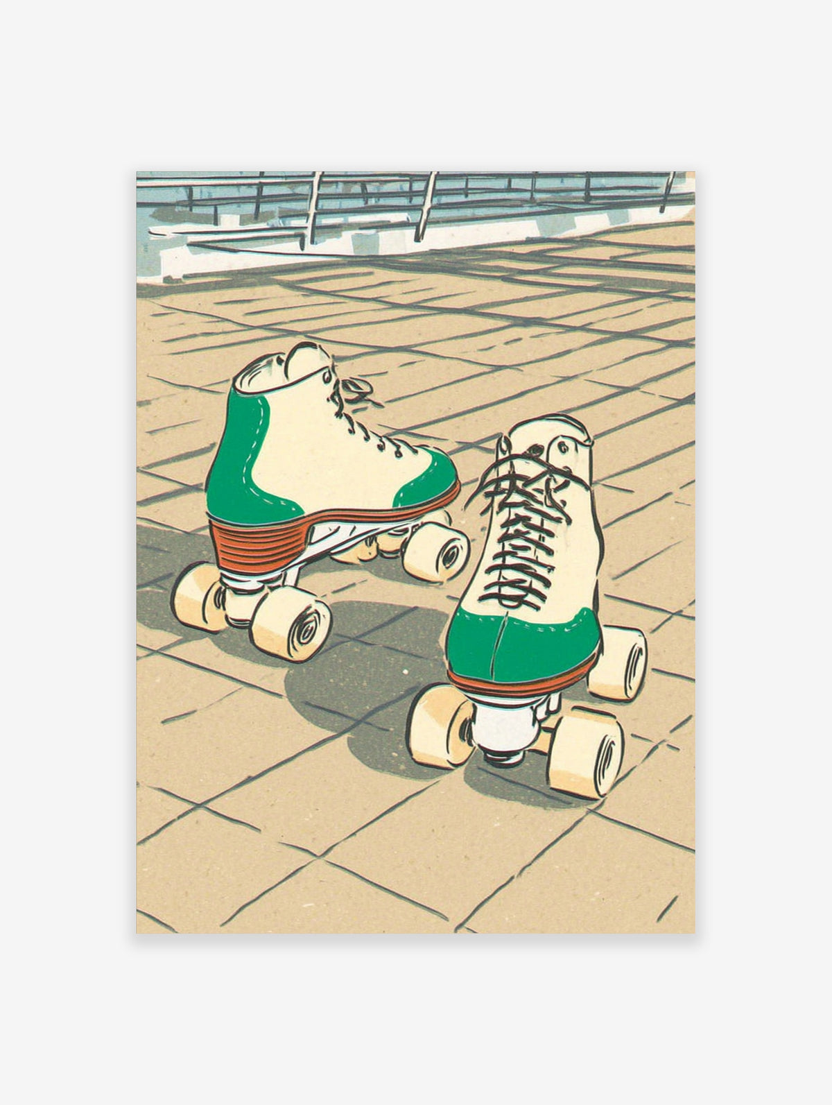 Retro roller skate poster showing two green and cream quad skates on a tiled rink surface