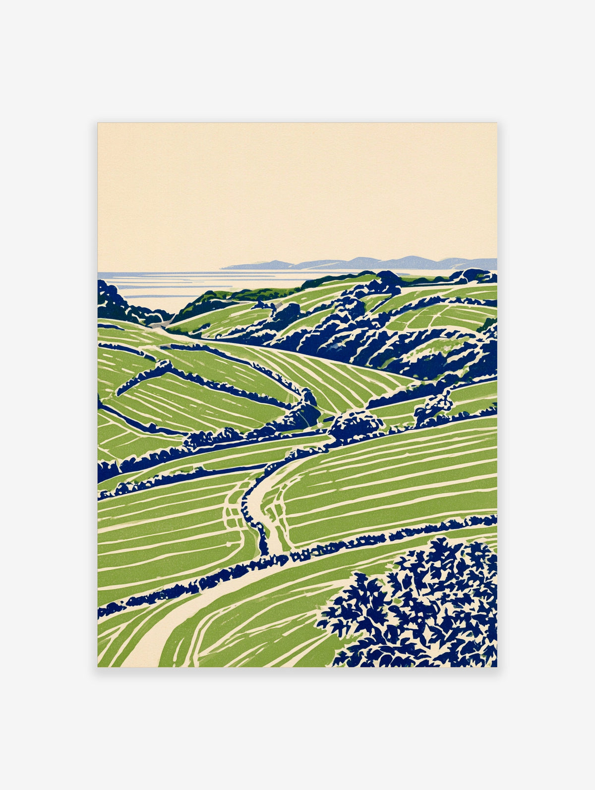 Green rolling hills landscape poster with striped fields, dark hedgerows, and distant blue sea