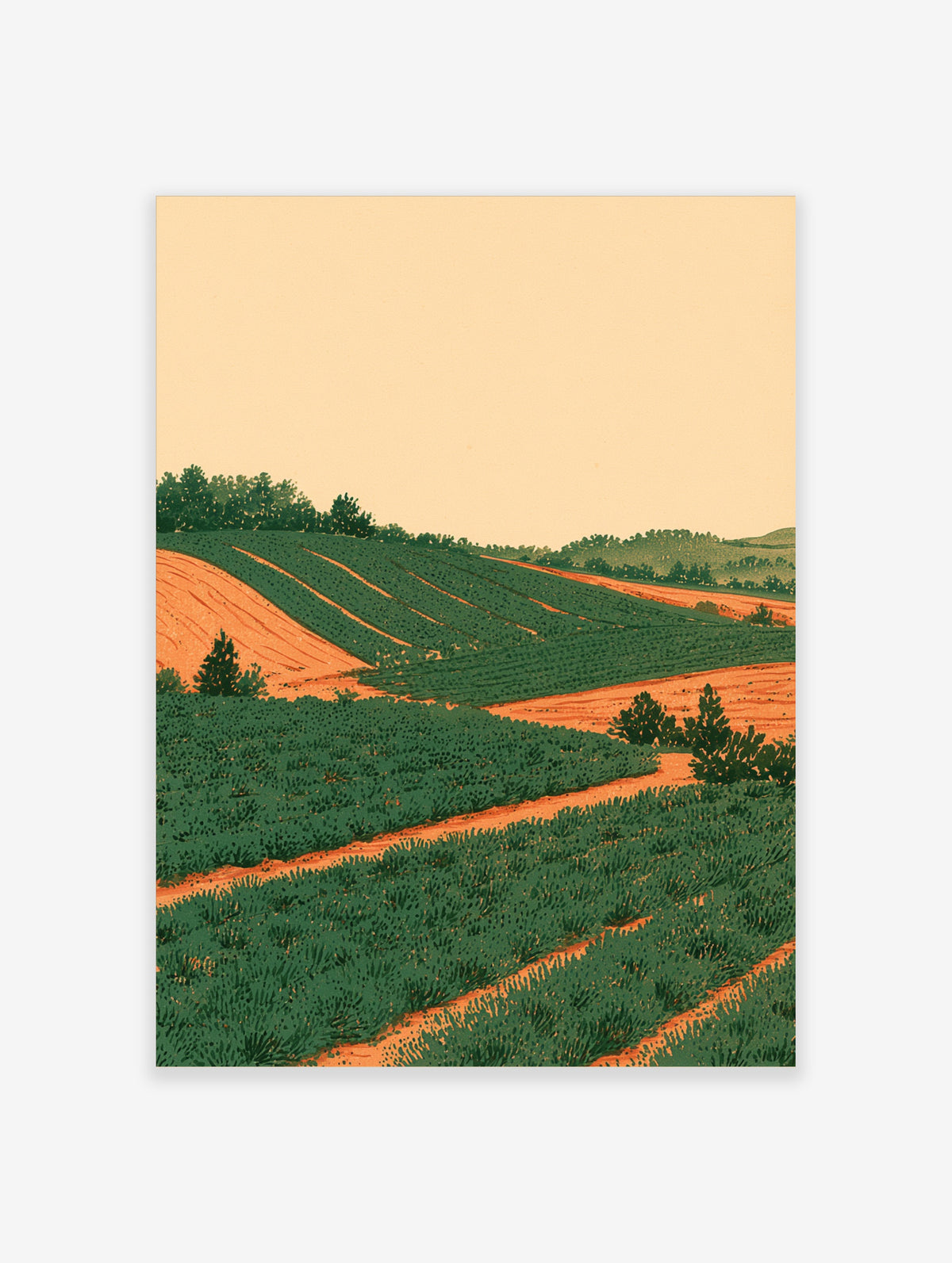 Green rolling hills landscape art print with terraced fields, orange soil paths, and dark green trees