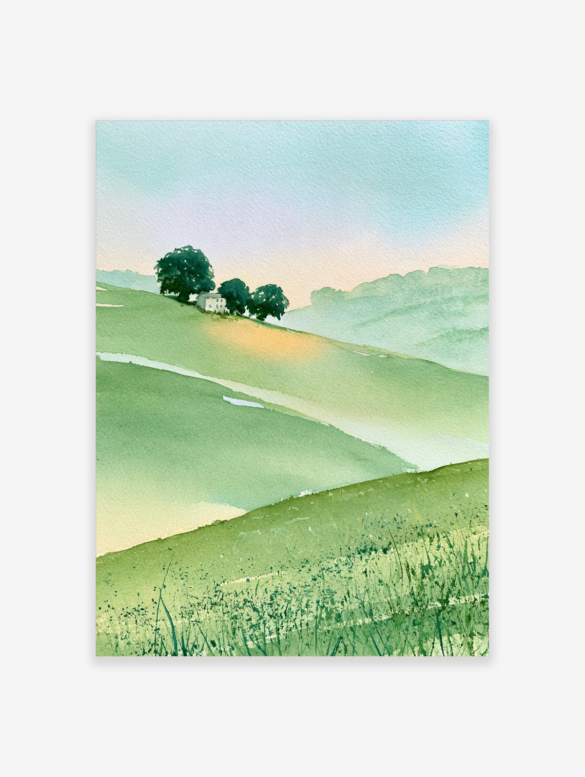 Watercolour painting of green rolling hills with a white house and dark trees under a pastel sky