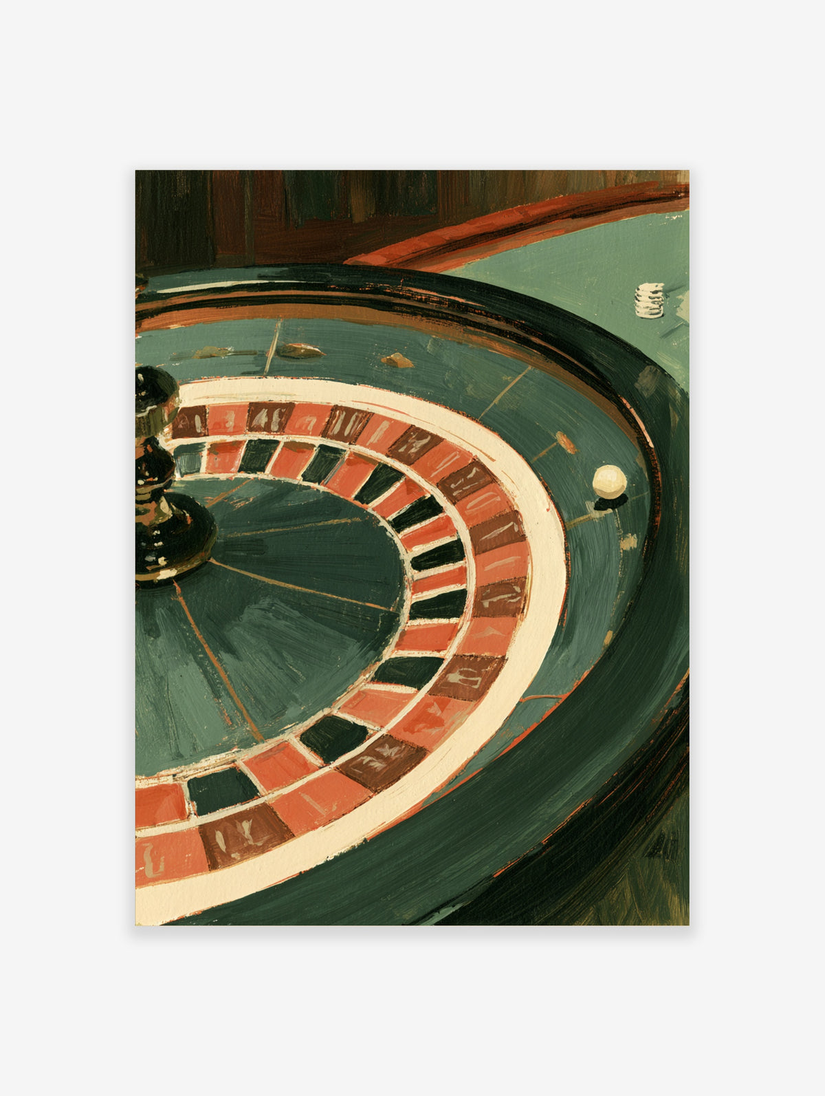 Painterly green roulette wheel with red and black numbered pockets and white ball on teal casino table