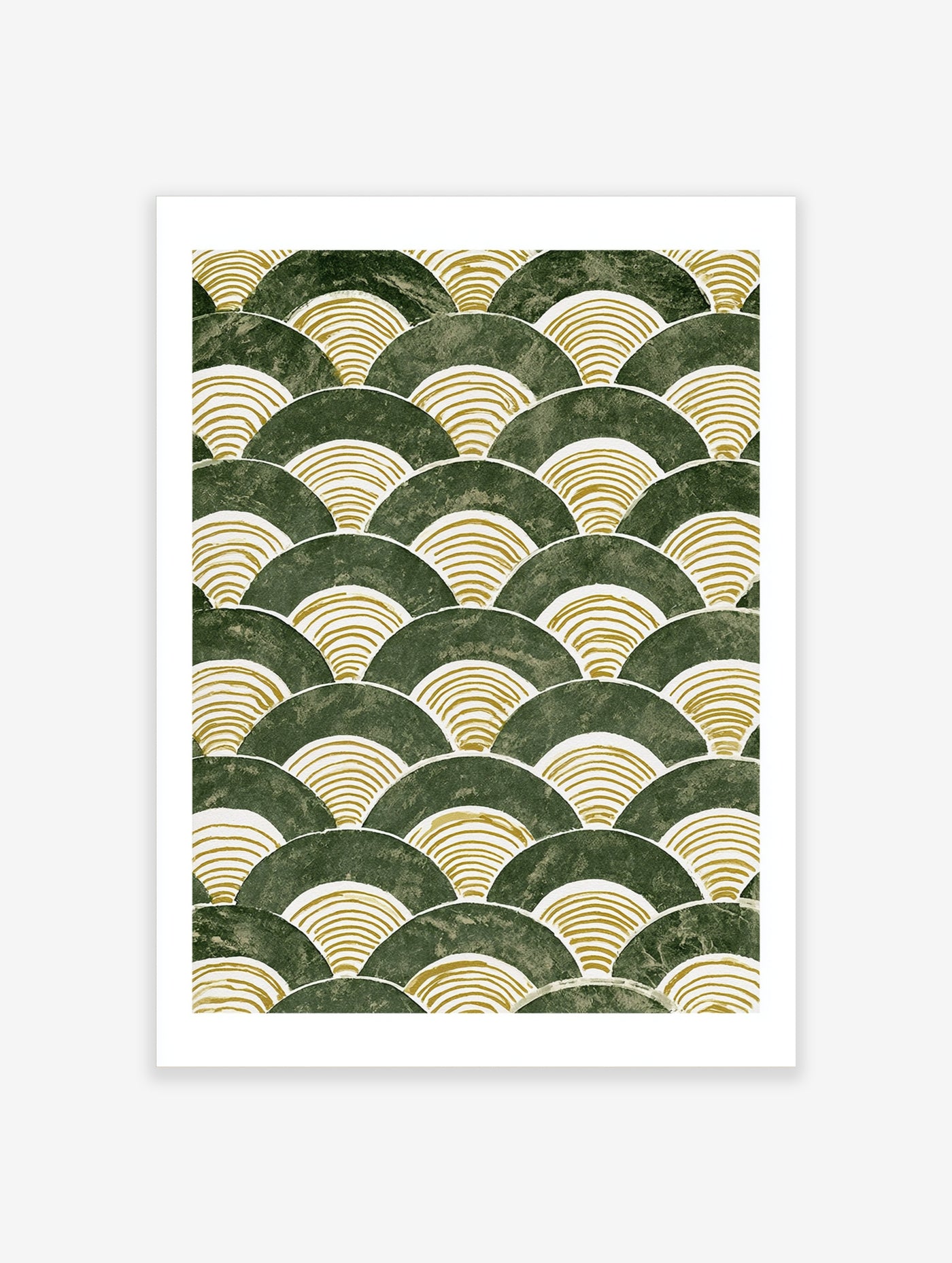 Green scallop pattern wall art with golden concentric lines on a textured forest green background