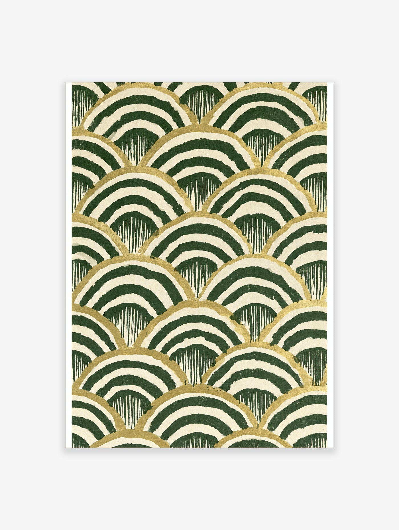Geometric scallop pattern wall art in green and cream with gold lines, illustrative wave design on paper background