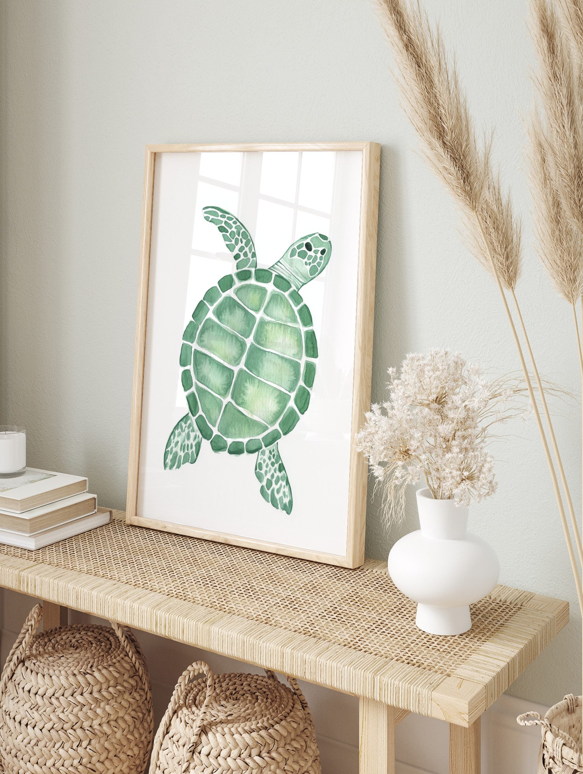Green sea turtle watercolour illustration art print with distinct shell patterns on white, in an alternate framed mockup