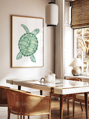 Green sea turtle watercolour illustration art print with distinct shell patterns on white background, in a styled room mockup