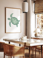 Green sea turtle watercolour illustration art print with patterned shell and flippers on white, in a styled room mockup