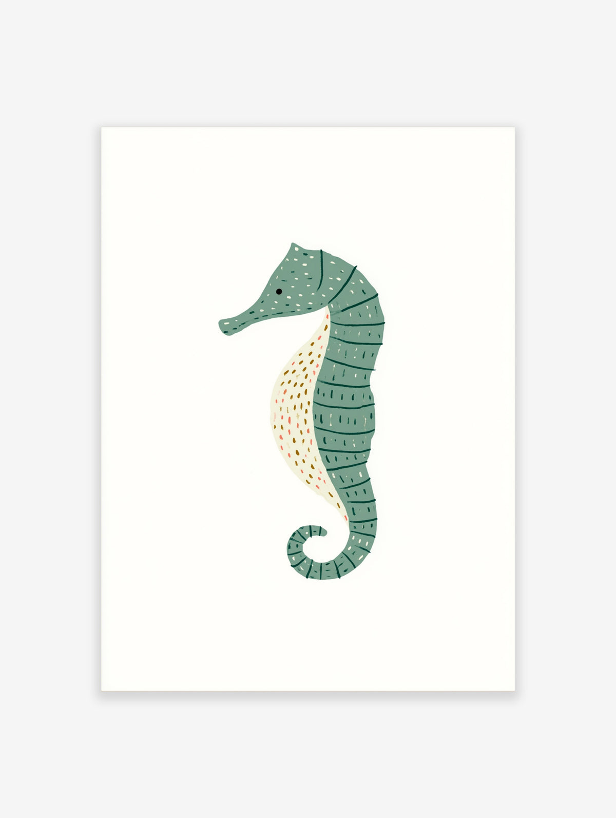 Green seahorse illustration with cream patterned belly and curled tail on white background