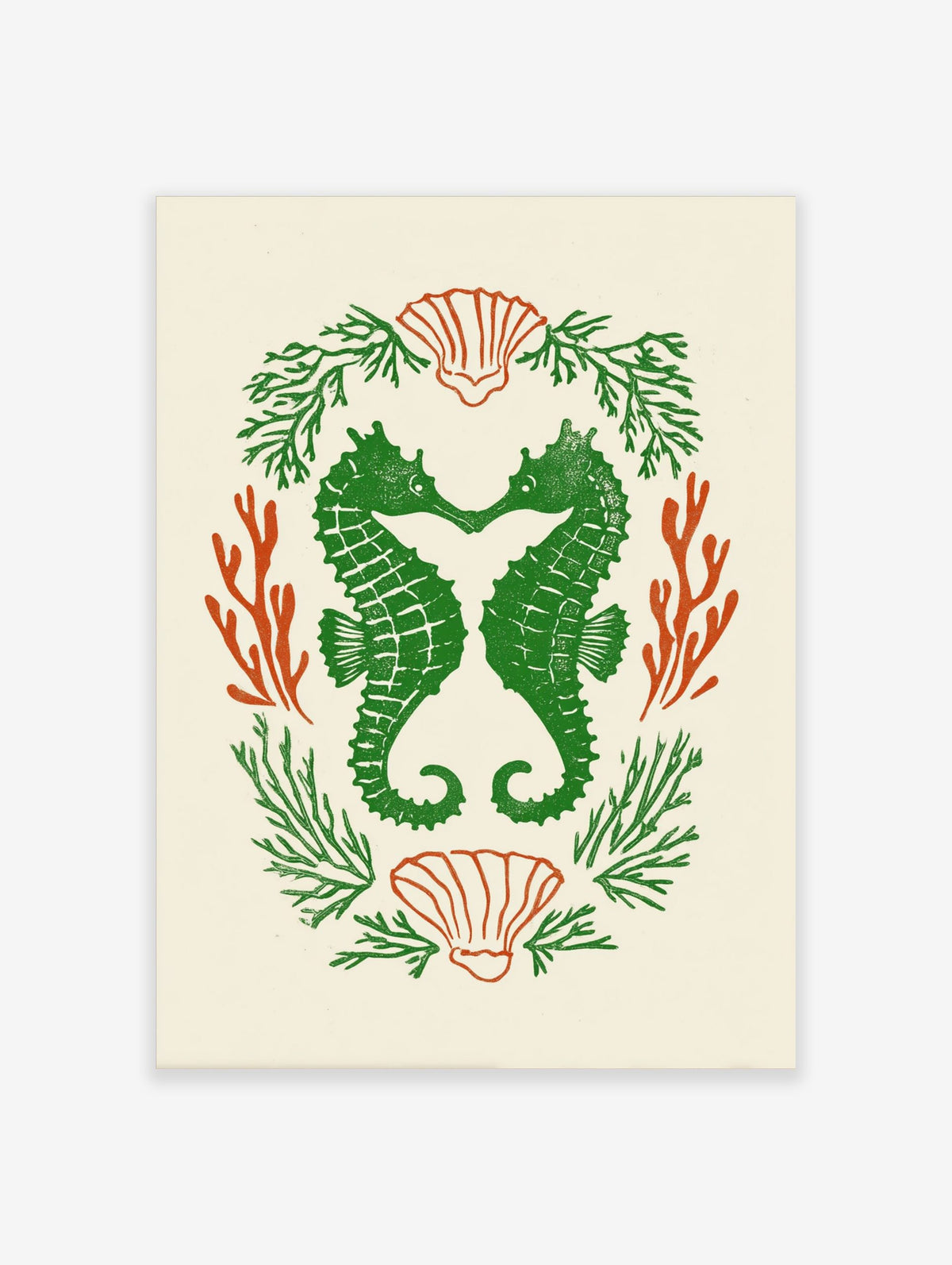 Green seahorses forming a heart, surrounded by orange coral and green seaweed, with scallop shells