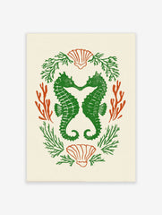 Green seahorses forming a heart, surrounded by orange coral and green seaweed, with scallop shells