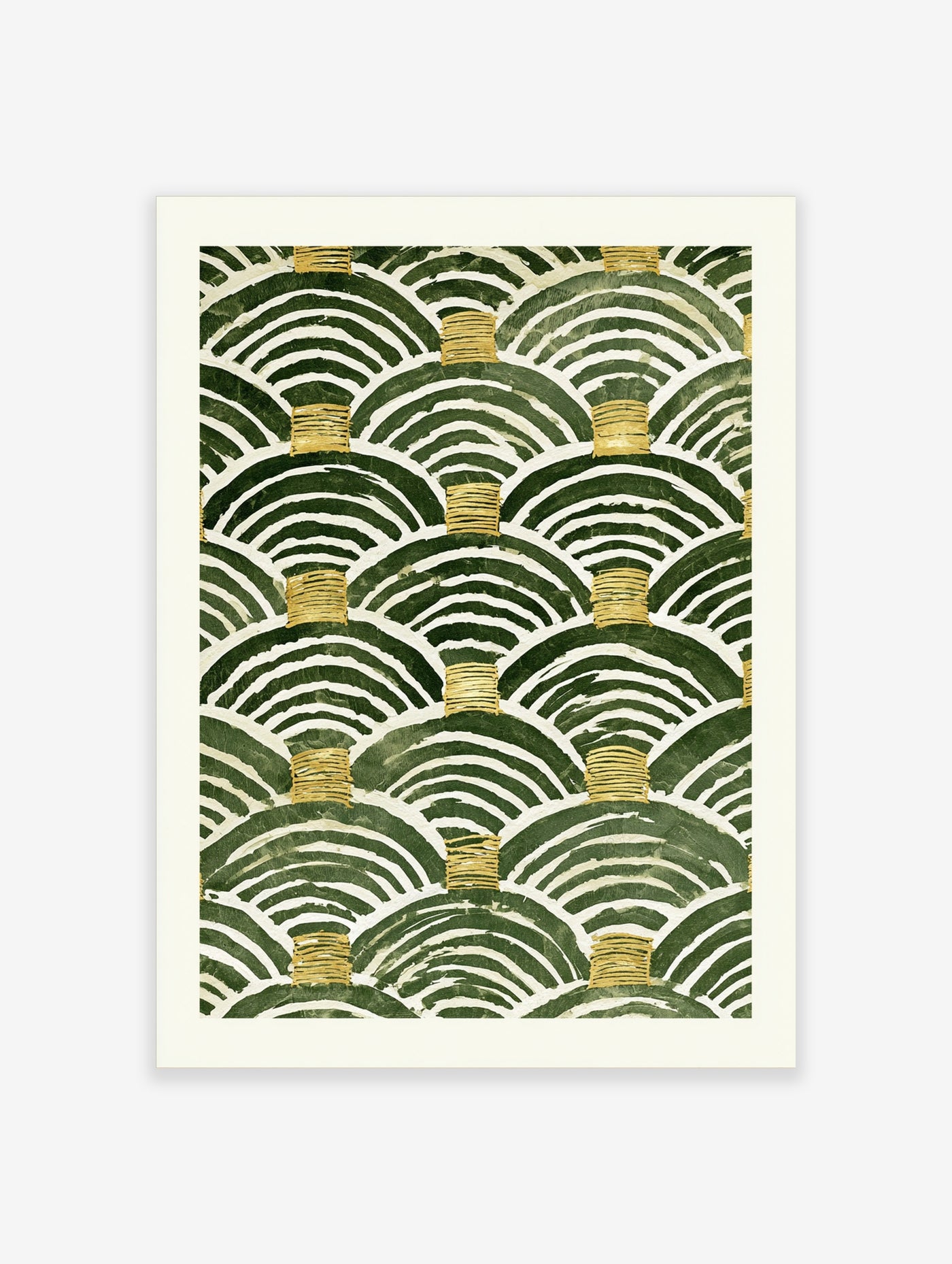Green and gold seigaiha wave pattern wall art print with textured semi-circle shapes and white outlines on paper