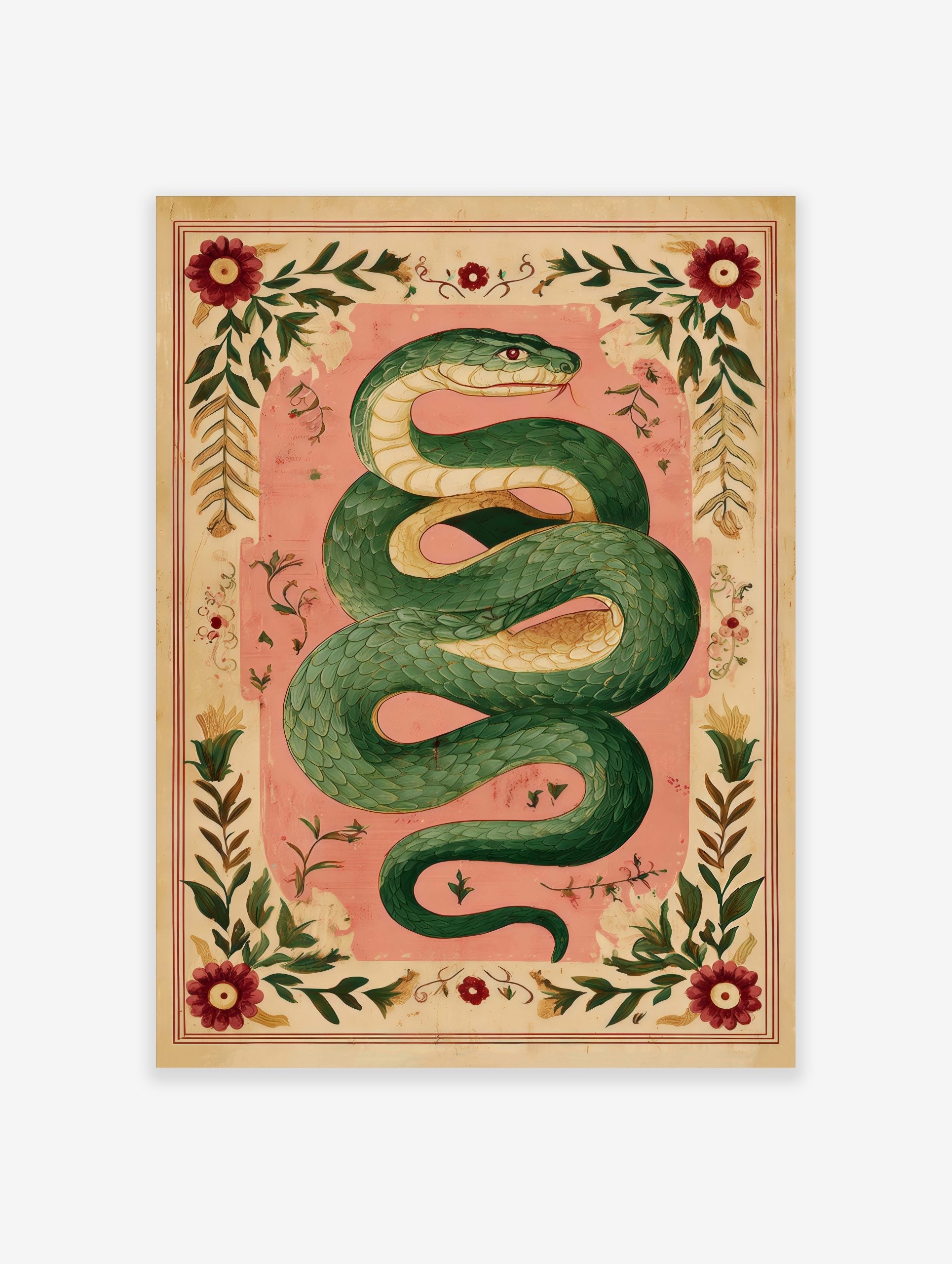 Illustrative green serpent coiled on a pink background, surrounded by an ornate border of red flowers and green leaves