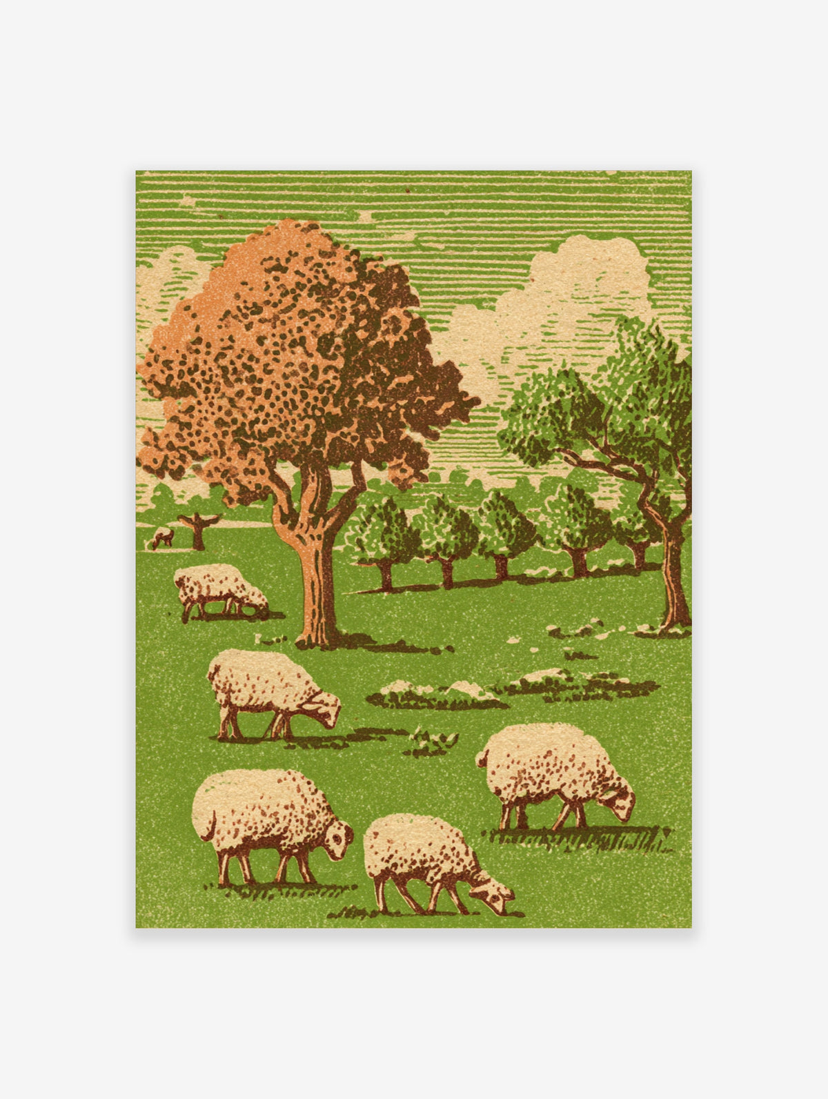 Green sheep poster with five sheep grazing in a field below a large copper tree and pale sky