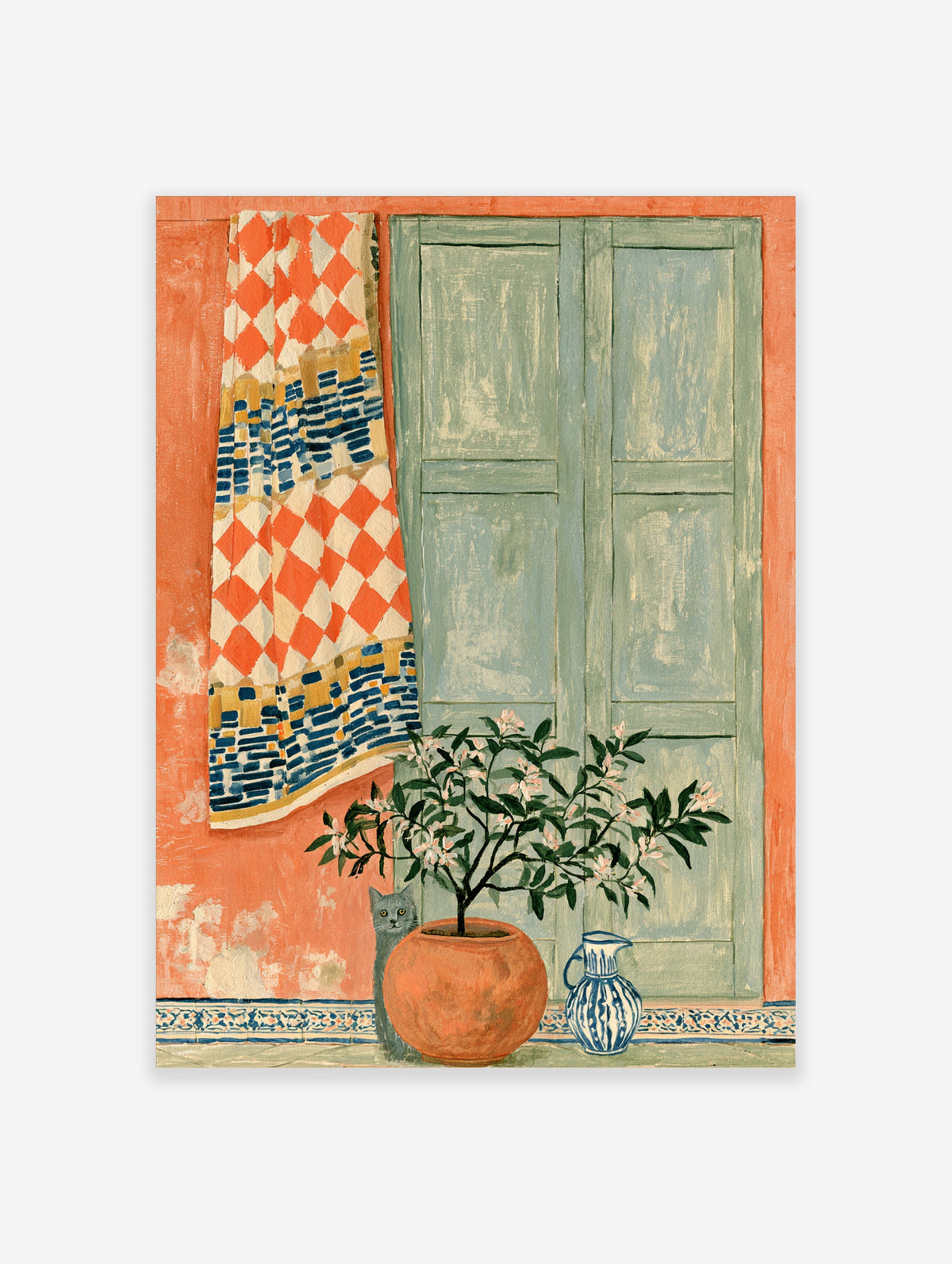 Green shutter wall art with orange diamond textile, potted plant, grey cat, and blue jug in a colourful room