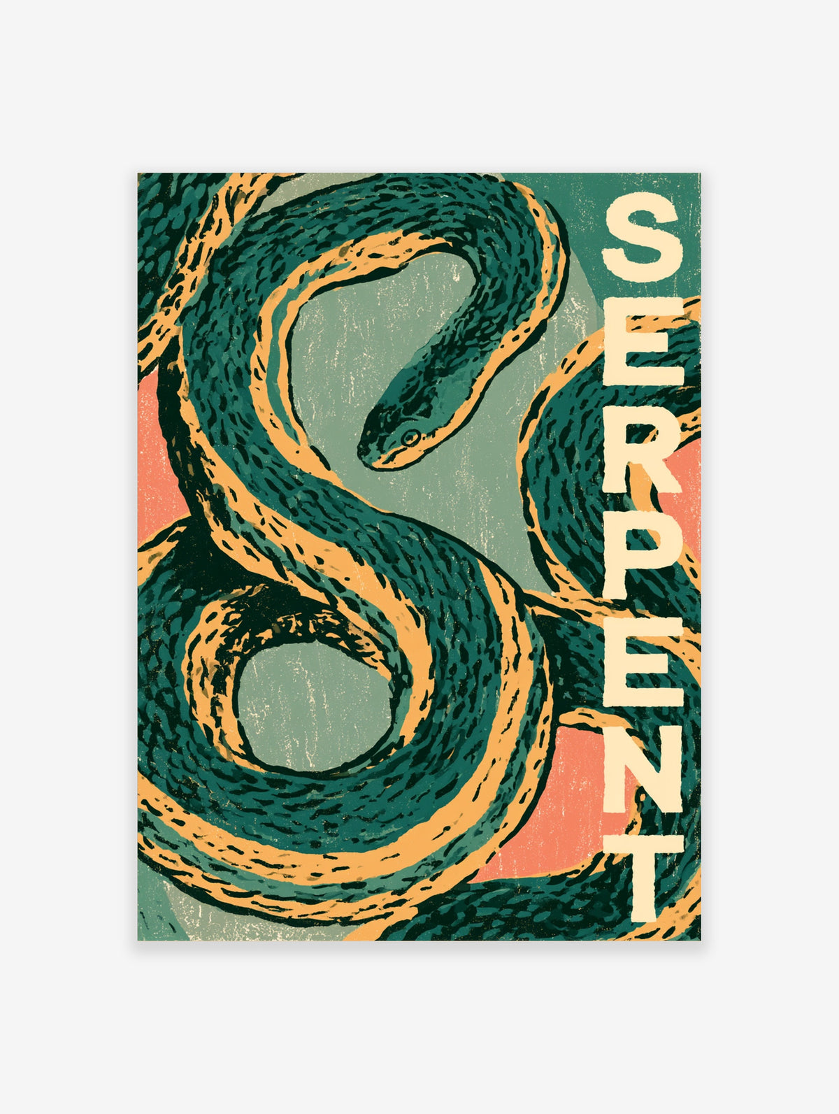 Green snake with orange bands coiled on sage background, vertical SERPENT text in cream, animal poster