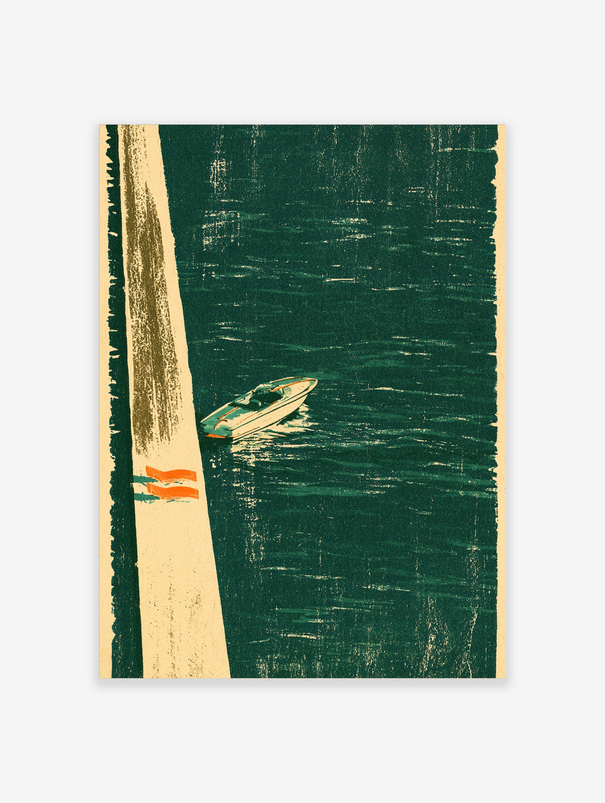 Retro green speedboat art print with white boat on dark green water and cream border