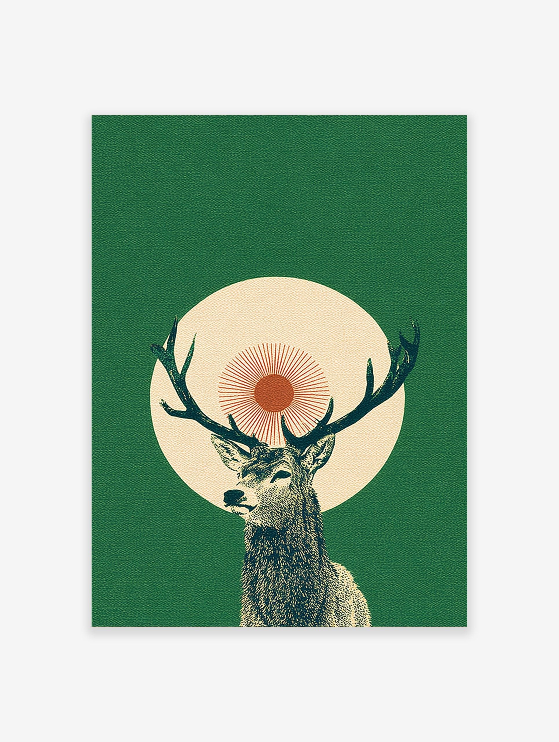 Illustrative green stag with antlers, set against a cream circle and red sunburst on a dark green background