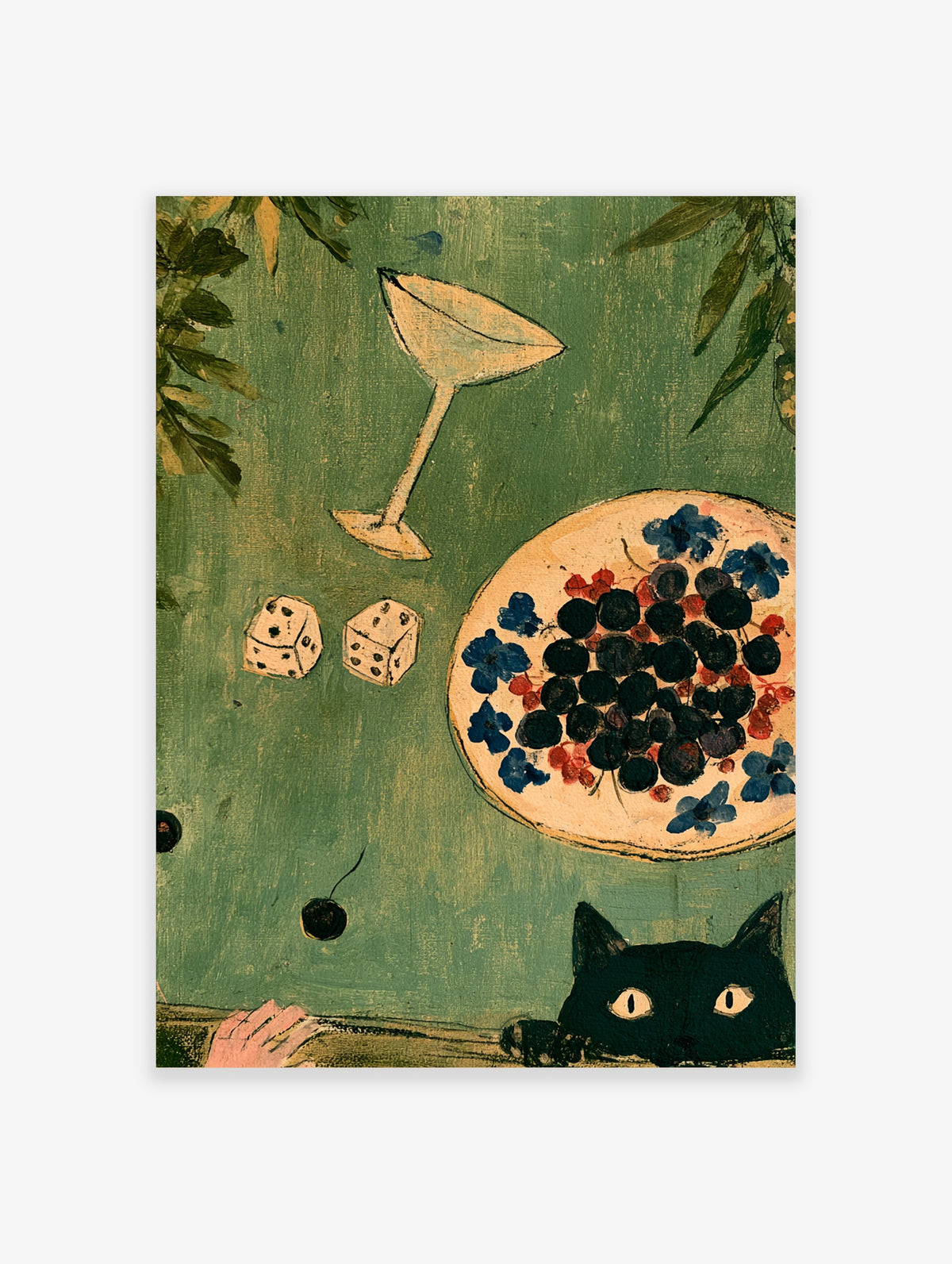 Green still life art print with black cat, dice, glass, and fruit bowl