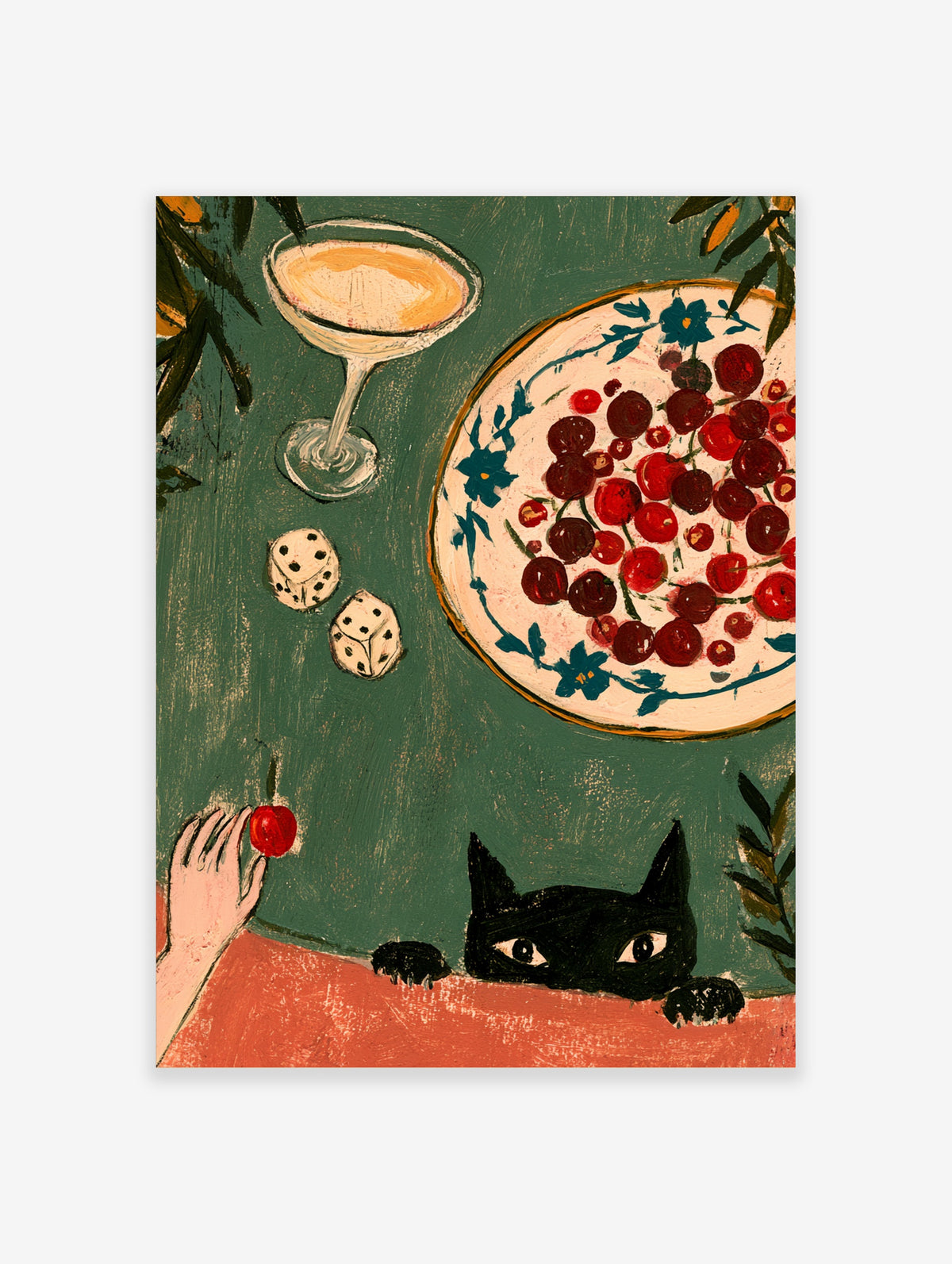 Green still life poster with cherries in a bowl, dice, cocktail glass, and black cat peering over red edge
