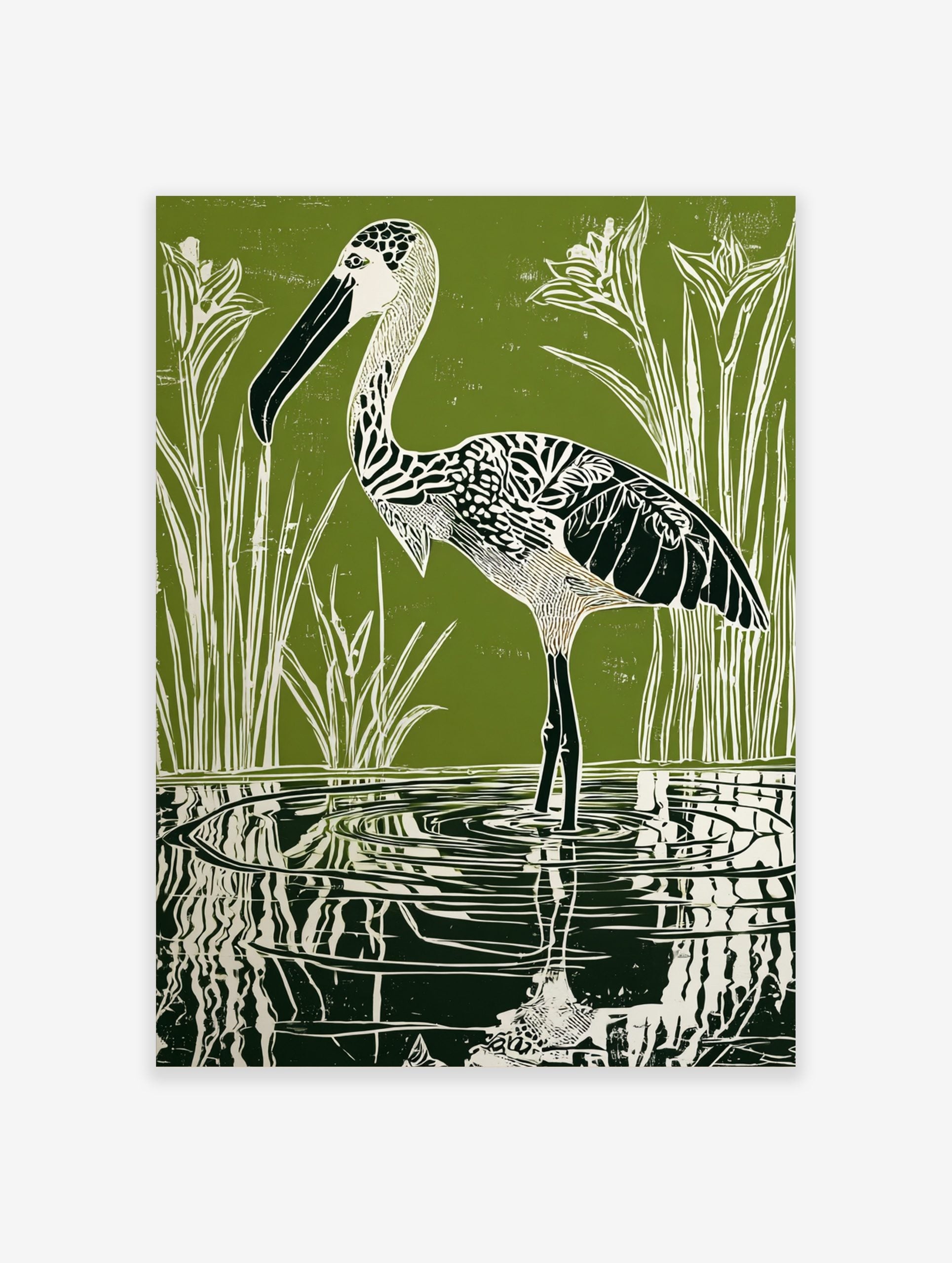 Green linocut print of a patterned stork wading in water with reeds and reflections