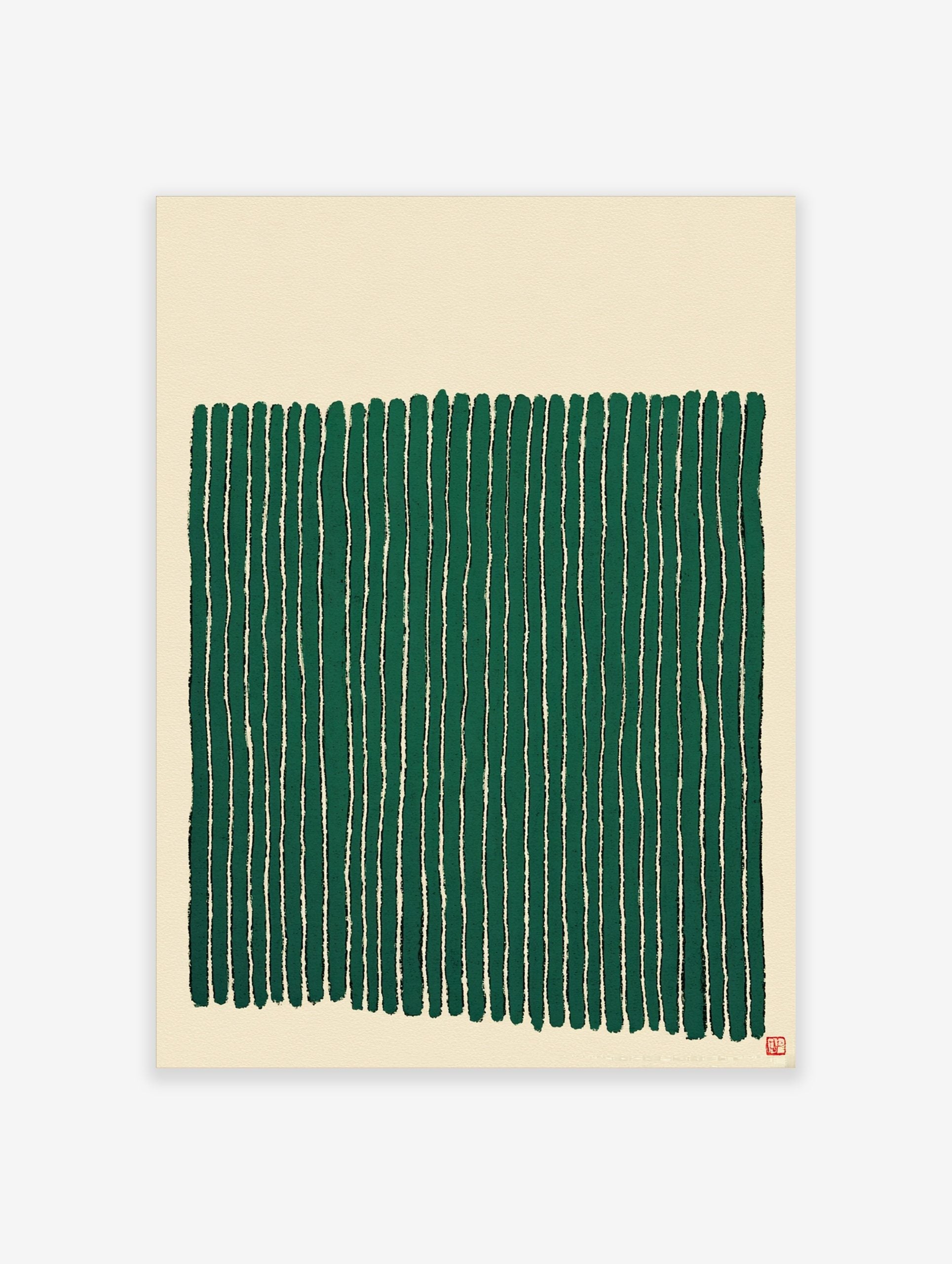 Abstract green vertical stripes wall art on a beige background with a small red seal