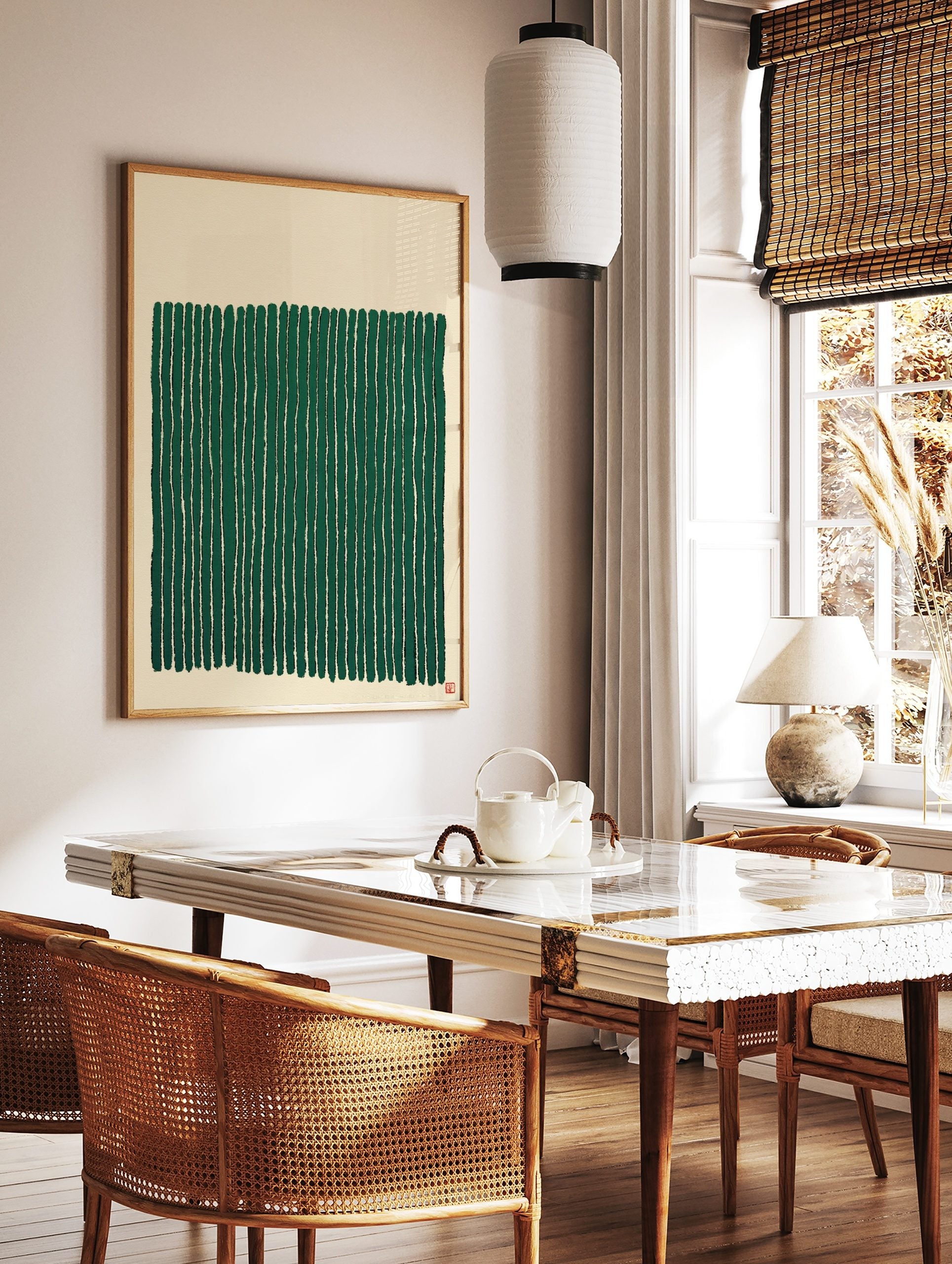 Abstract green vertical stripes wall art on a beige background with a small red seal, in a styled room mockup