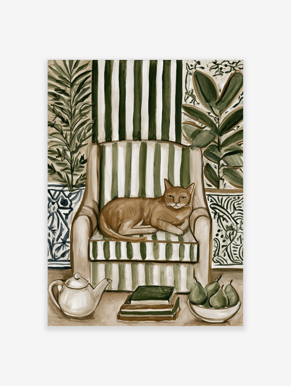 Tan cat lying on a green and white striped armchair with potted plants, teapot, books, and pears