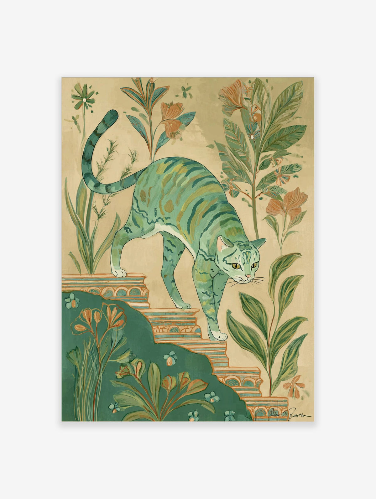 Illustrative green striped cat walking down ornate steps amidst botanical plants and peach flowers on a beige background