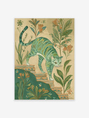 Illustrative green striped cat walking down ornate steps amidst botanical plants and peach flowers on a beige background