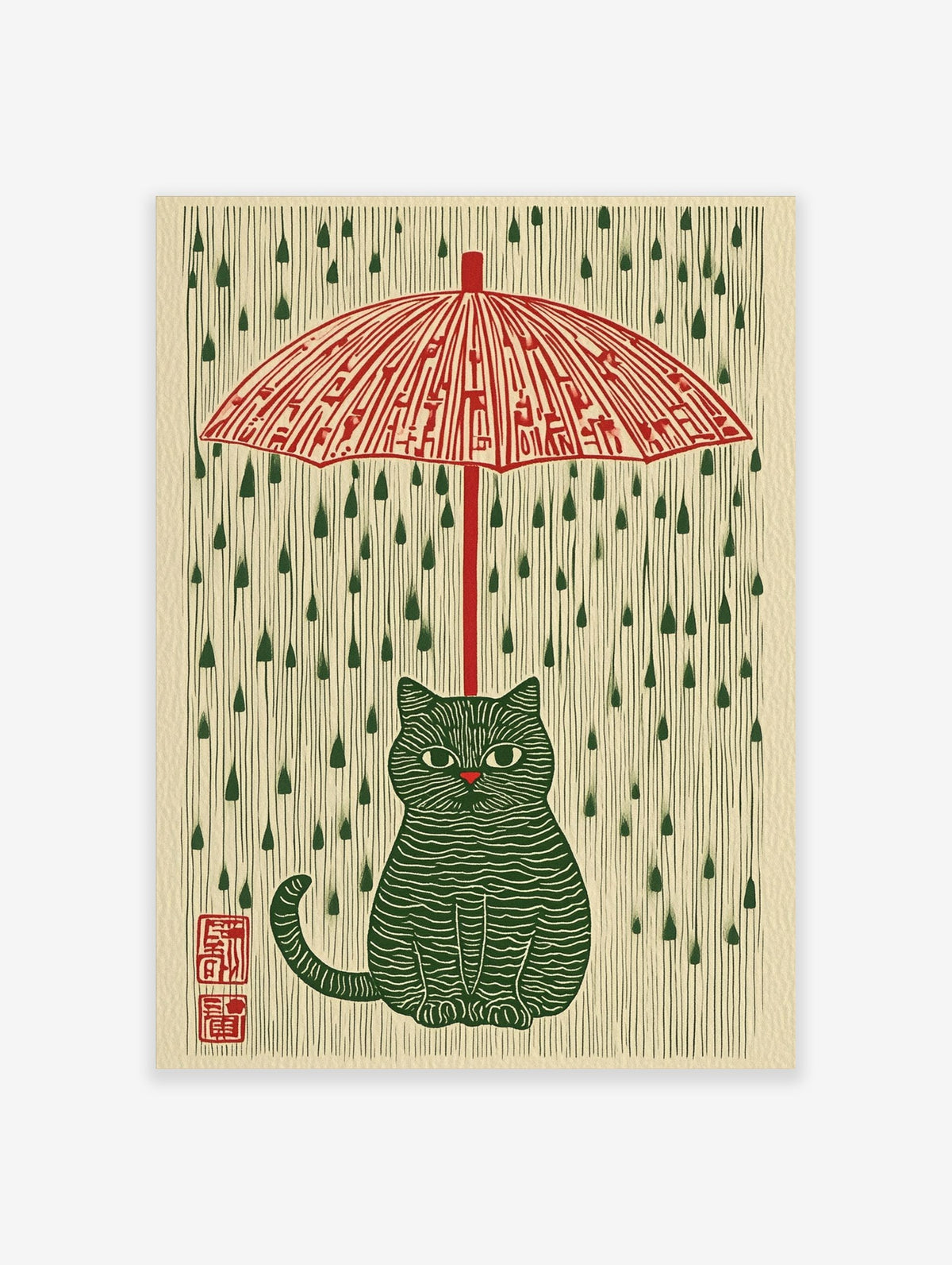 Illustrative green striped cat under a red umbrella with green raindrops on a cream background