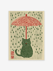 Illustrative green striped cat under a red umbrella with green raindrops on a cream background