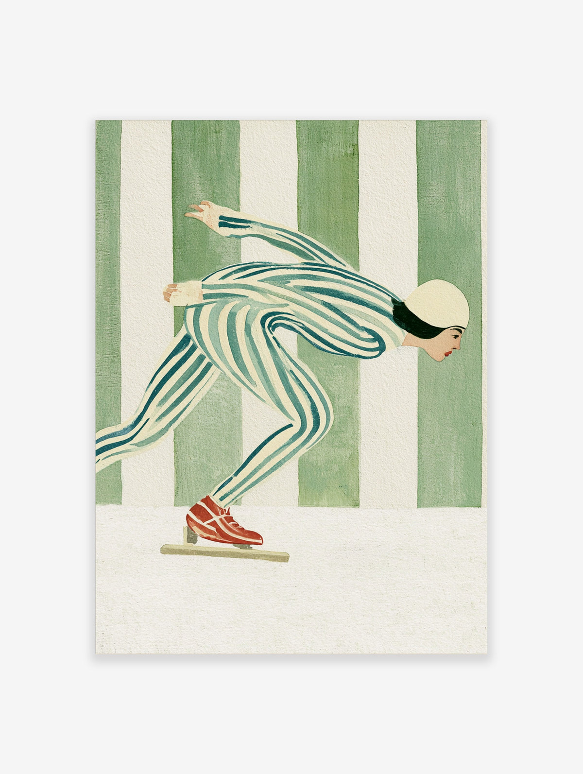 Speed skater in striped suit and red skates leaning forward against green vertical stripes