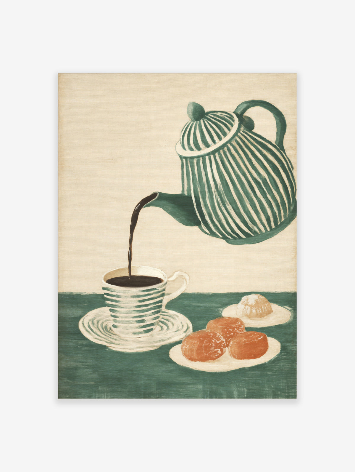 Green and white striped teapot pouring coffee into a cup with pastries, illustration print