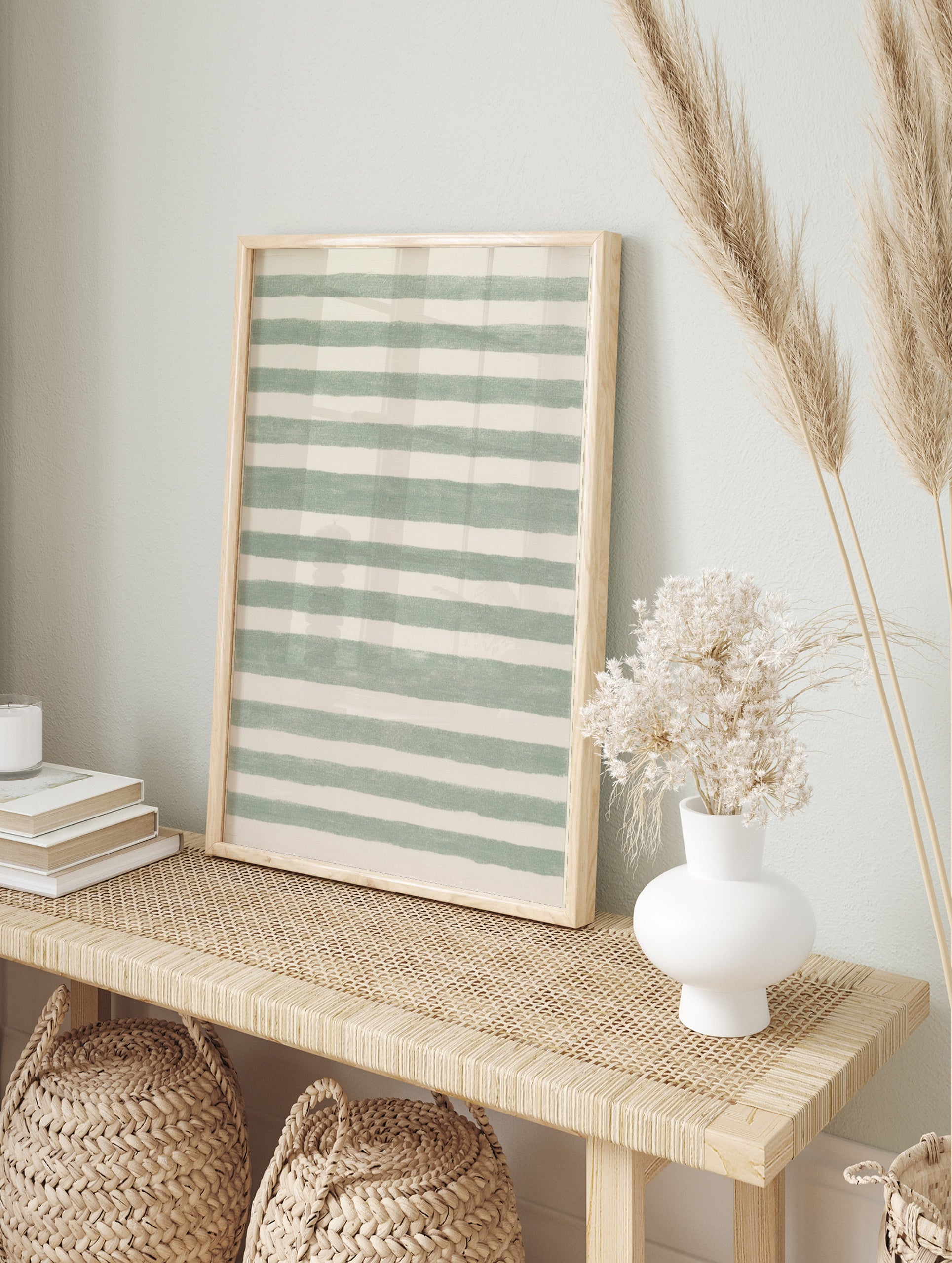 Green and white horizontal striped abstract wall art with hand-drawn texture on satin paper, in an alternate framed mockup
