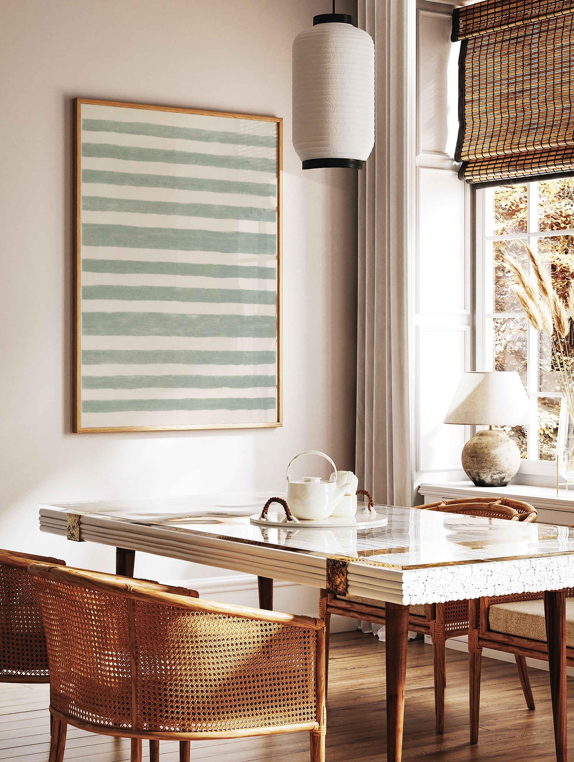 Green and white horizontal striped abstract wall art with hand-drawn texture on satin paper, in a styled room mockup