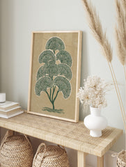 Green stylised tree botanical art print with fan-shaped leaves on a textured beige background, in an alternate framed mockup