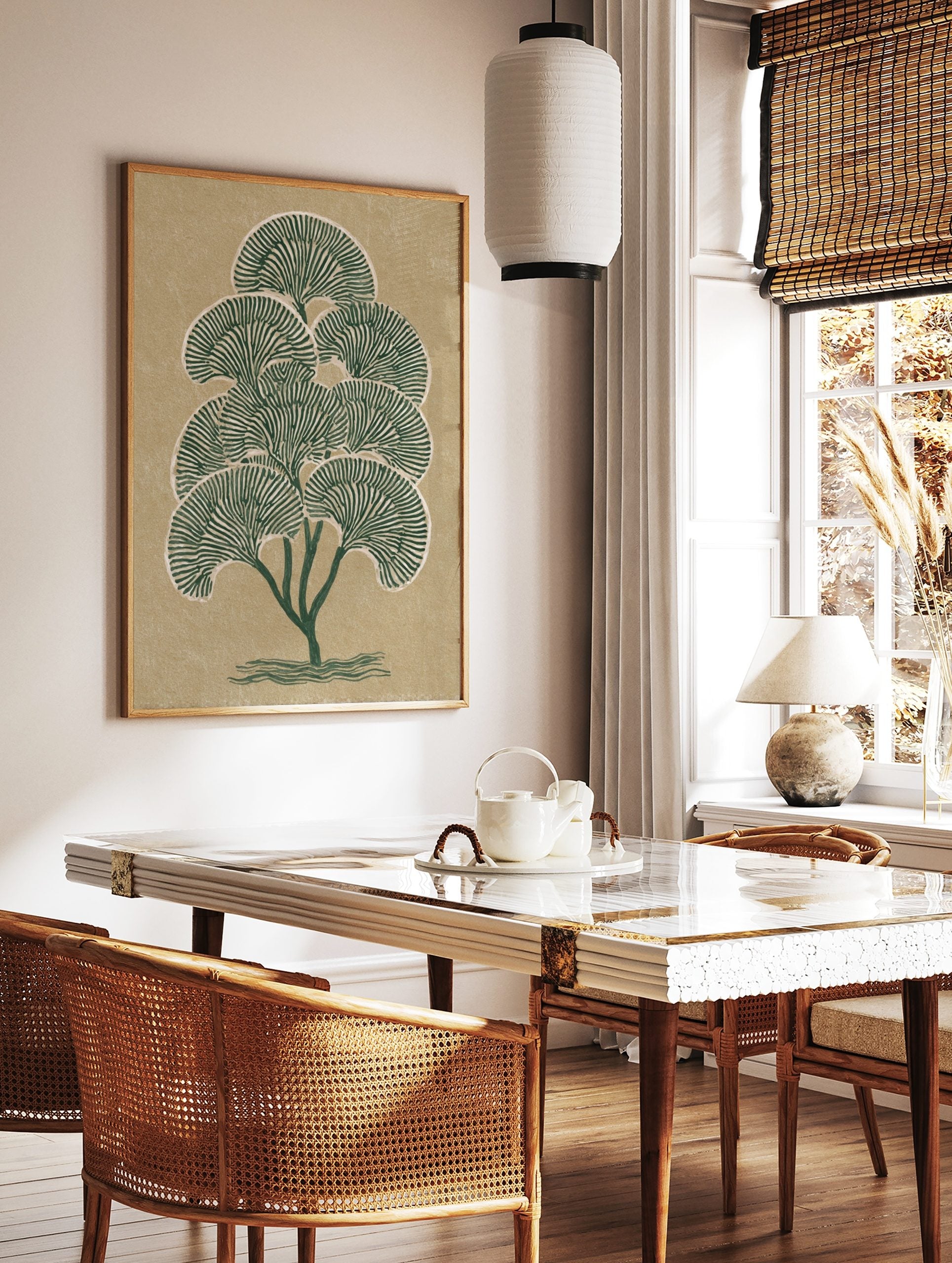 Green stylised tree botanical art print with fan-shaped leaves on a textured beige background, in a styled room mockup