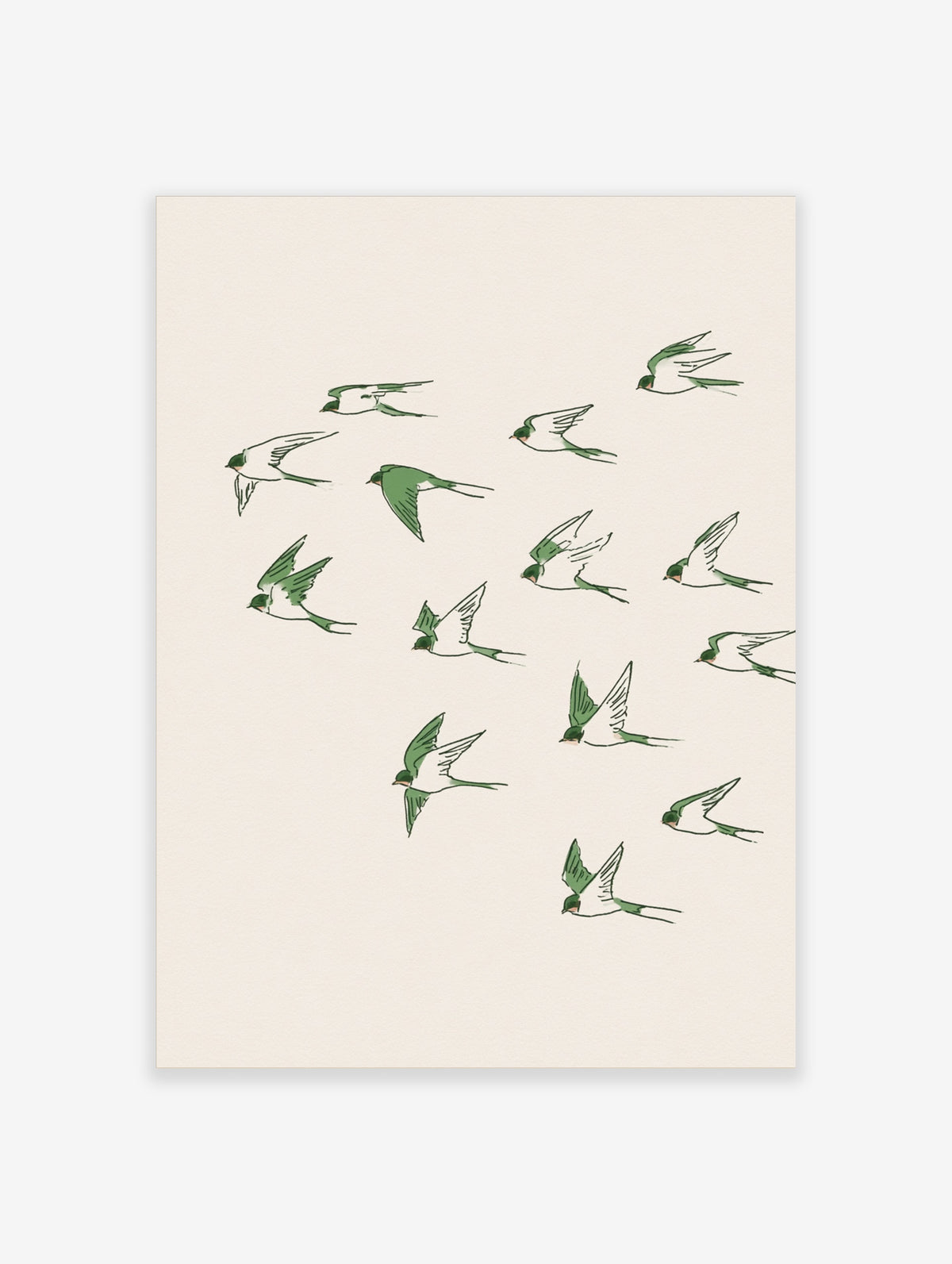 Green swallow bird illustration art print with flying birds on a cream background