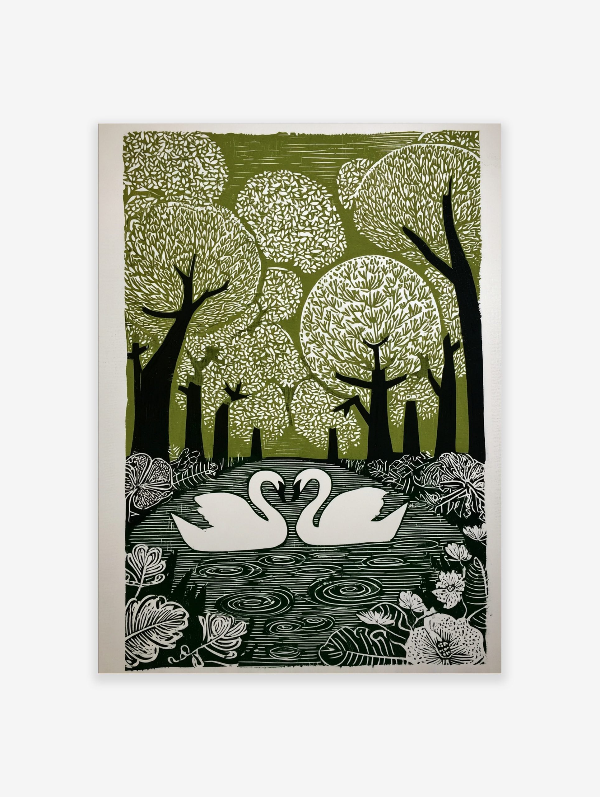 Green and white illustrative print of two swans on a lake, surrounded by stylised trees and foliage
