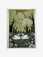 Green and white illustrative print of two swans on a lake, surrounded by stylised trees and foliage