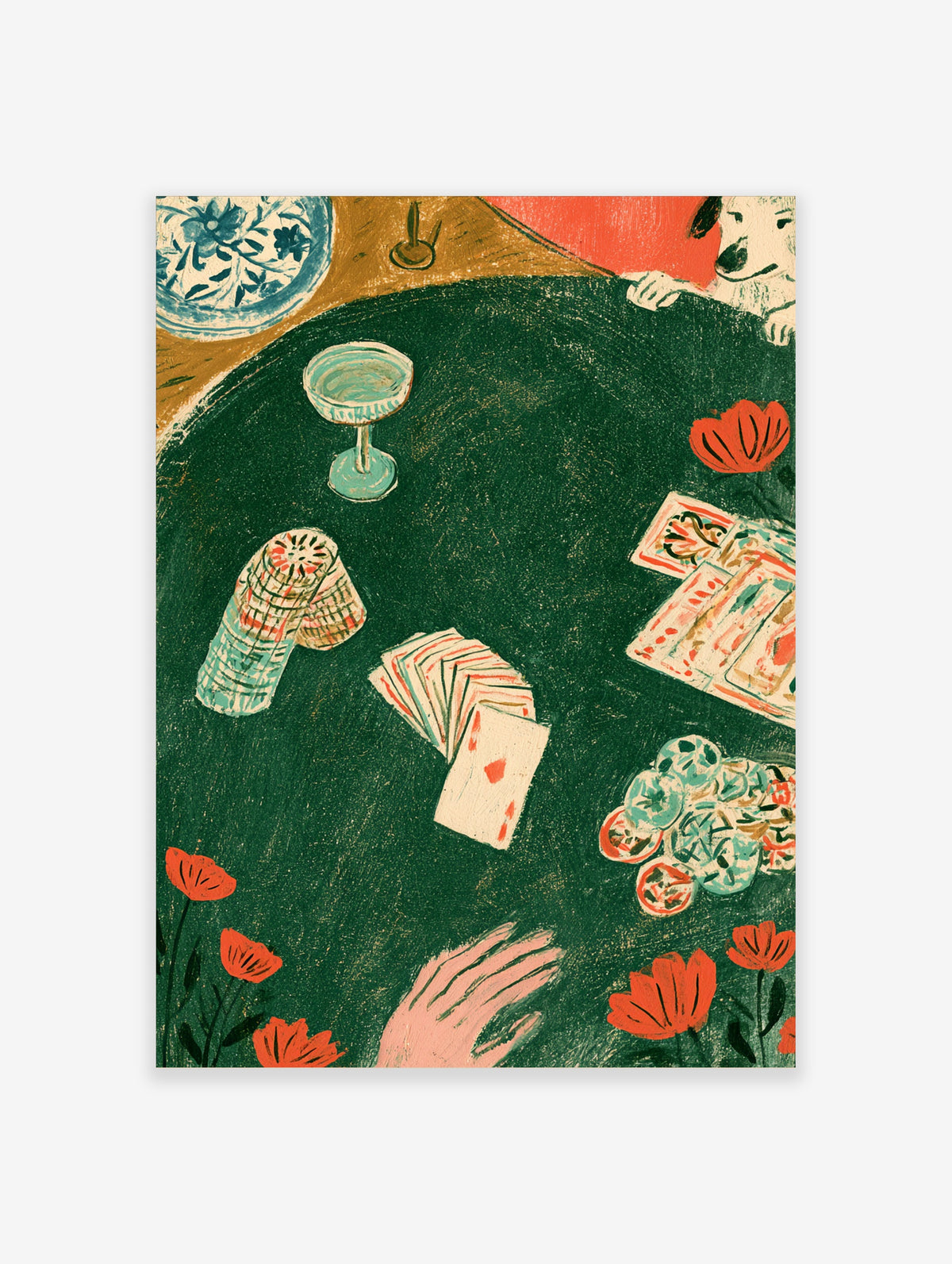 Green table card game poster with playing cards, turquoise goblet, red poppies and a dog