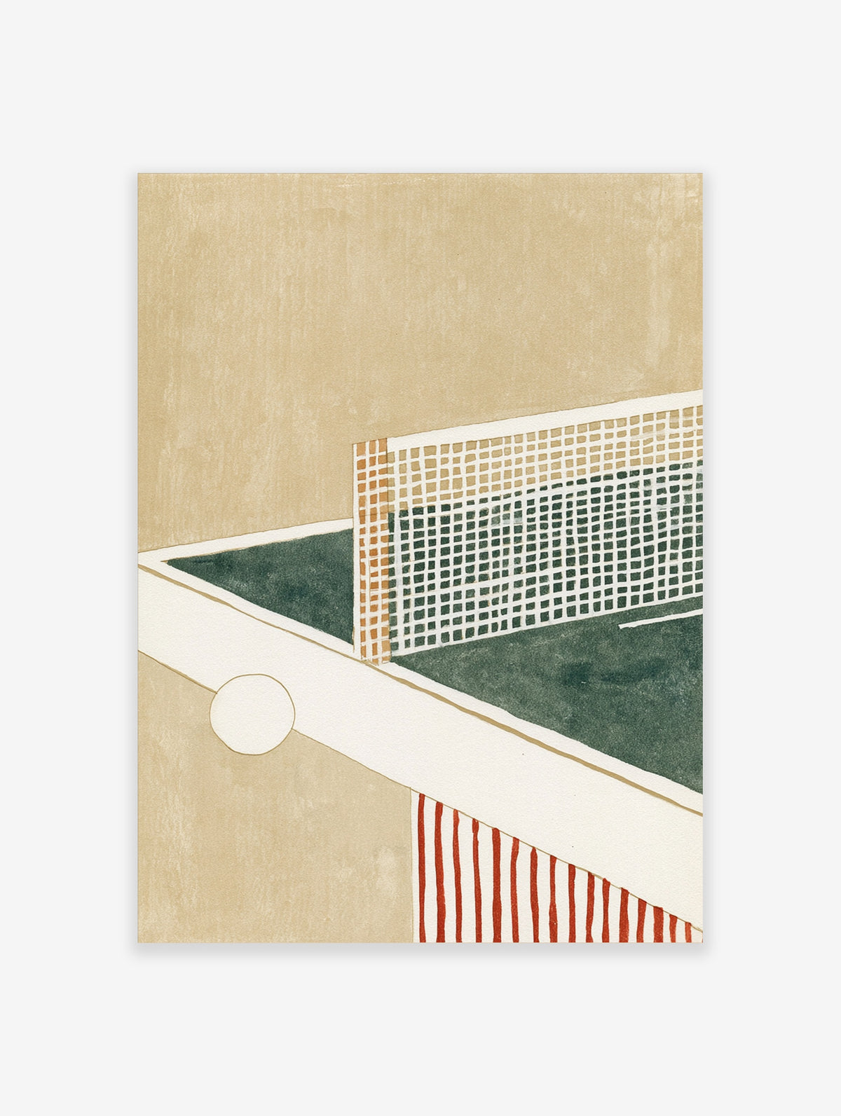 Minimalist table tennis poster with green table, white net, and red-striped side panel on beige background
