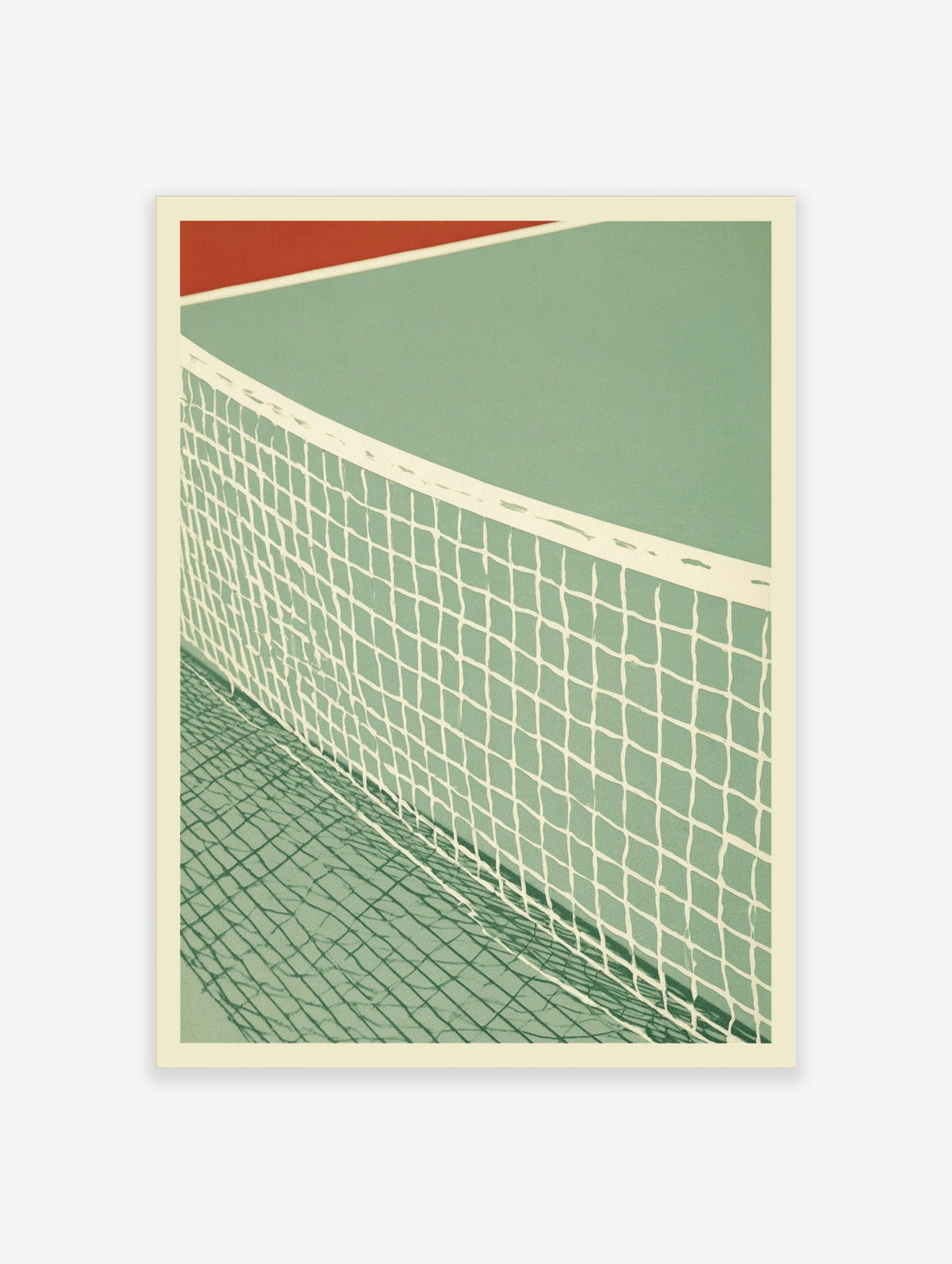 Green table tennis table poster with white net grid and cast shadow, minimalist sport wall art print