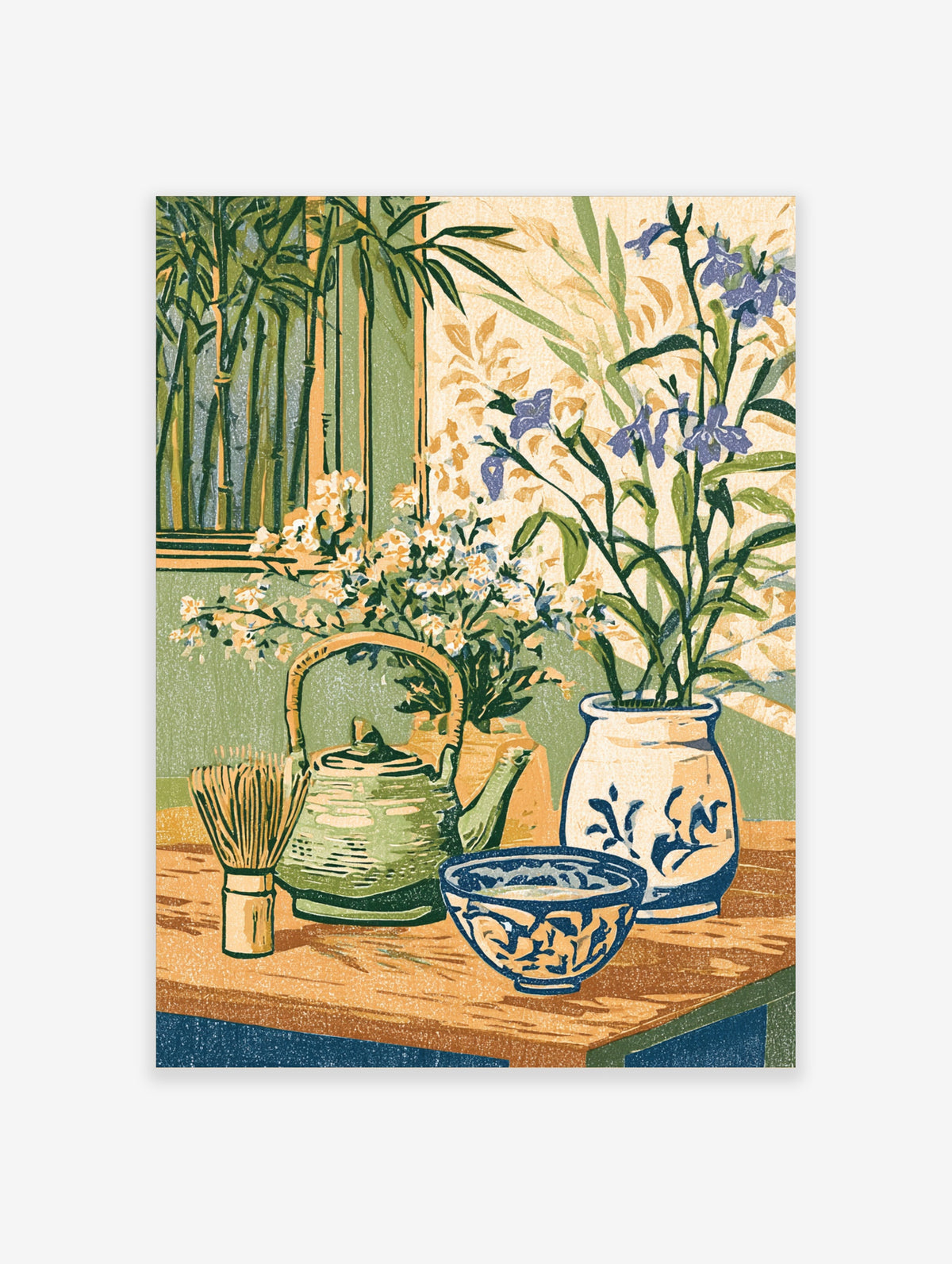 Green tea ceremony still life with whisk, kettle, blue bowl and irises in woodblock style