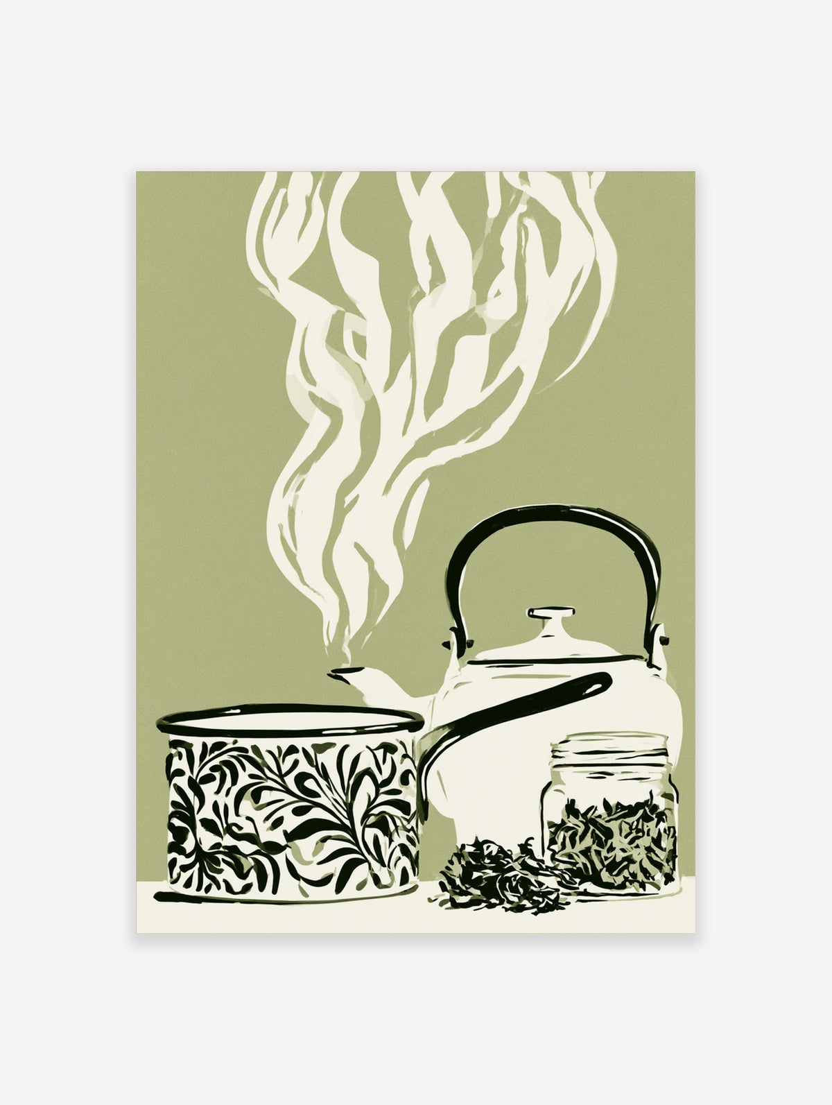 Green tea kettle poster with white kettle, floral tin, glass jar of loose tea leaves, and steam on sage background