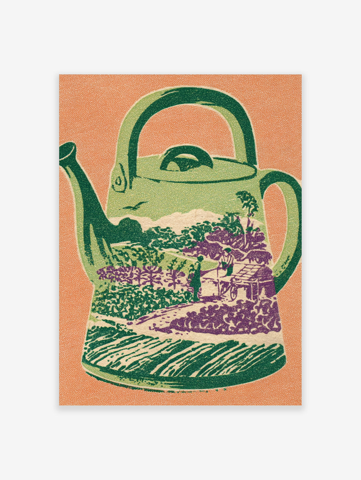 Green teapot art print with a garden landscape inside, featuring figures, purple crops, and a bird