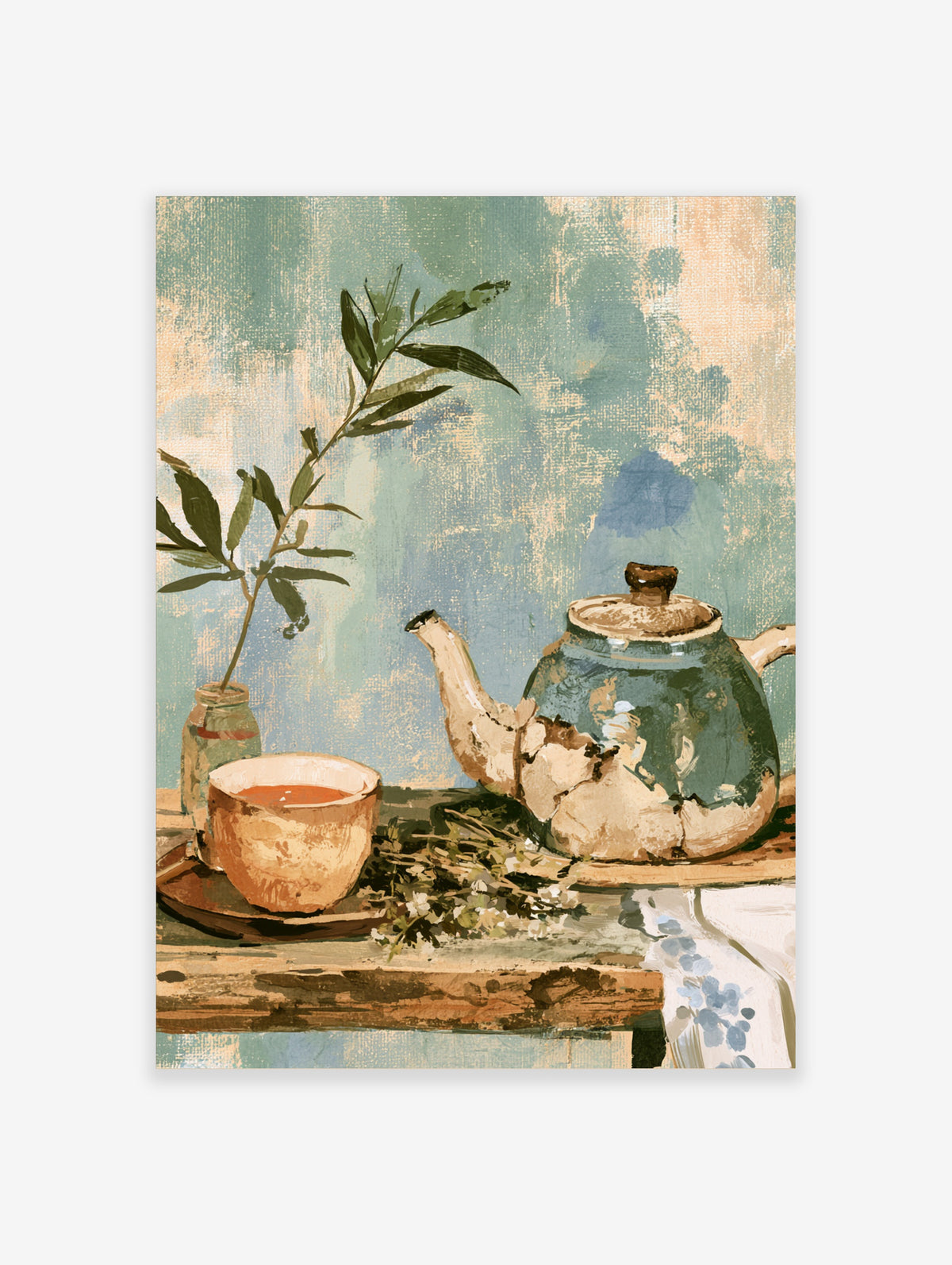Green teapot still life art print with cup, olive branch, and textured blue background