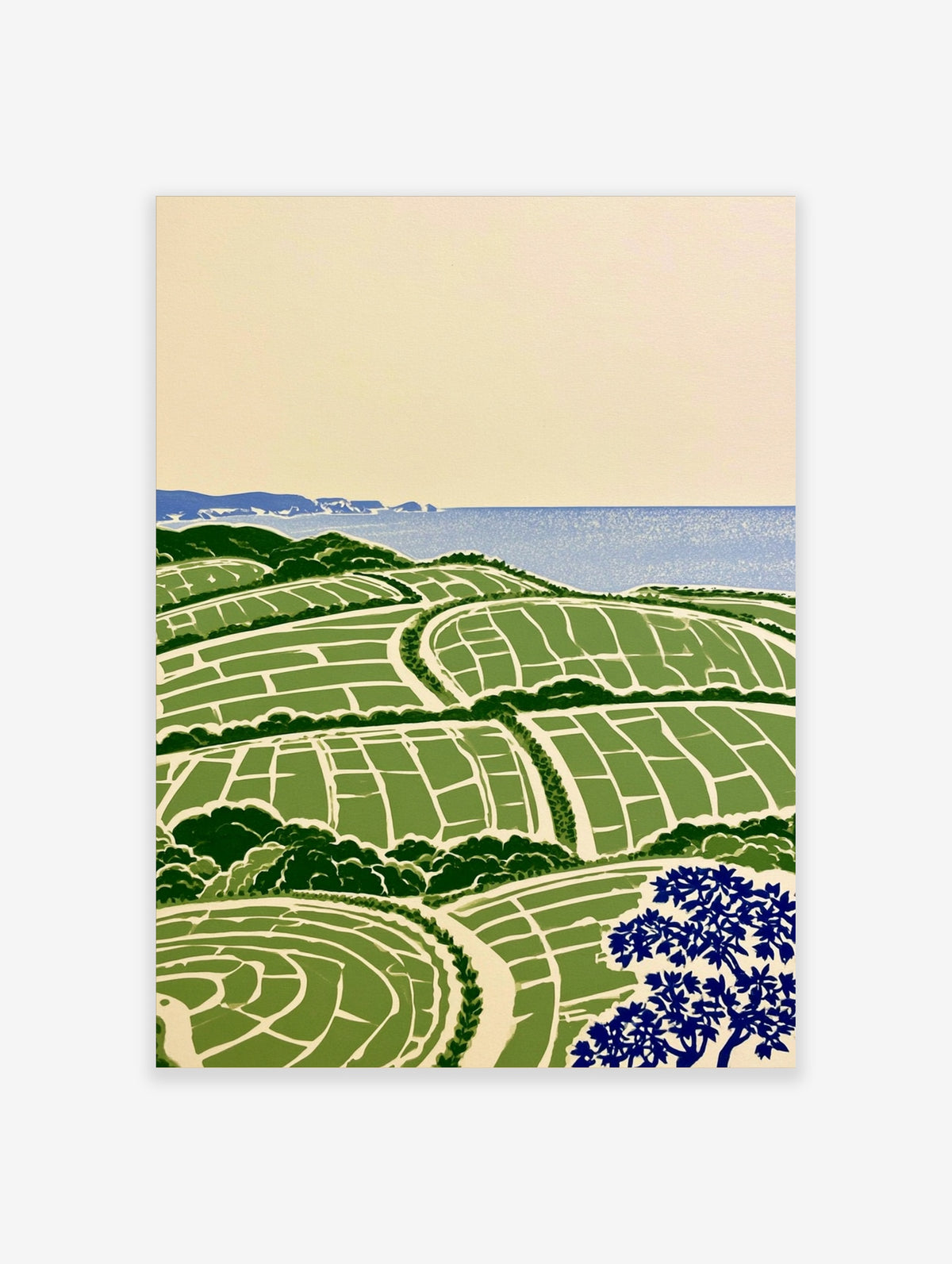 Green terraced fields landscape art print with blue ocean, layered hills and navy tree