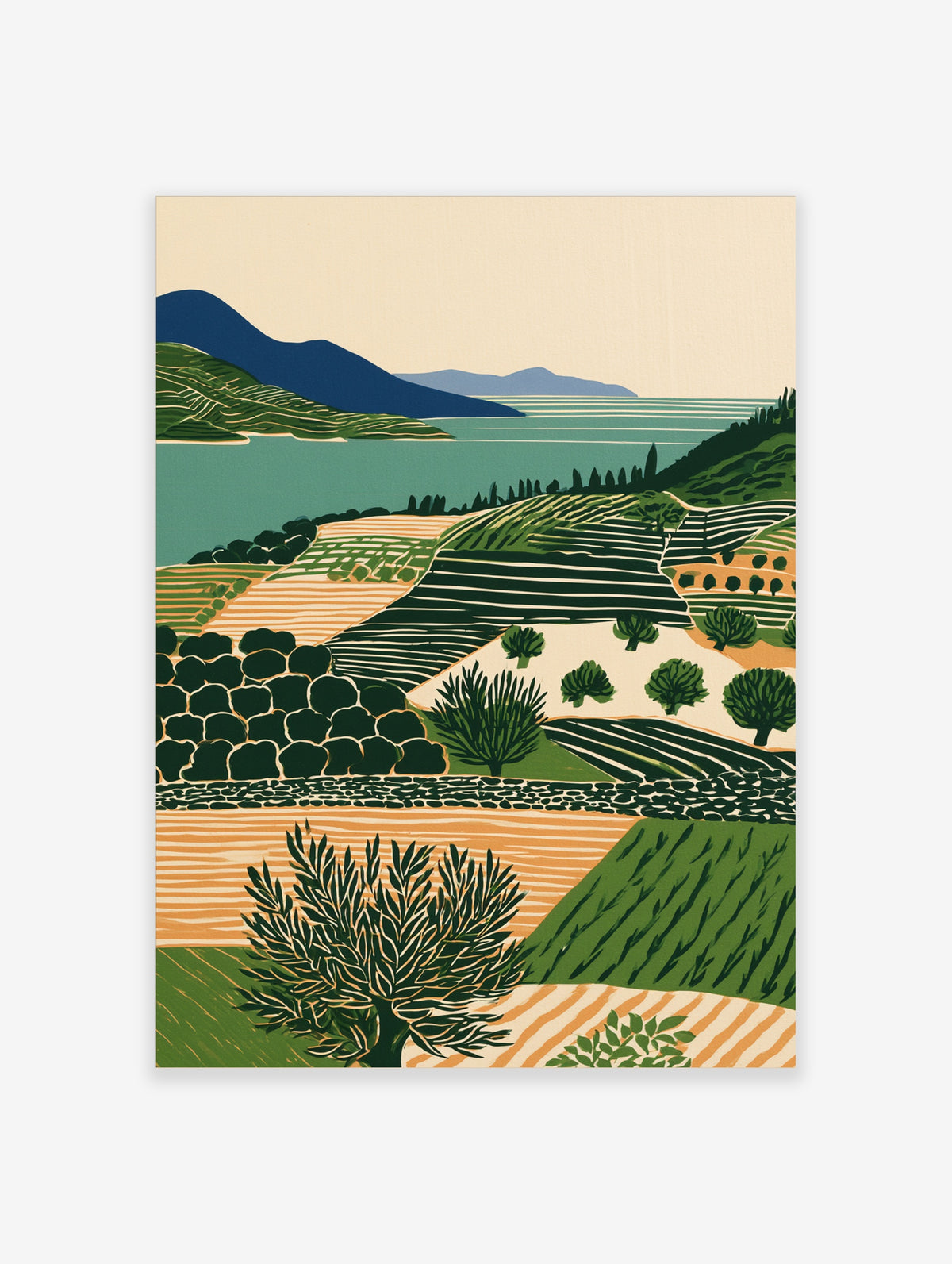 Green terraced landscape poster with rolling hills, patterned fields, a large tree, and blue mountains