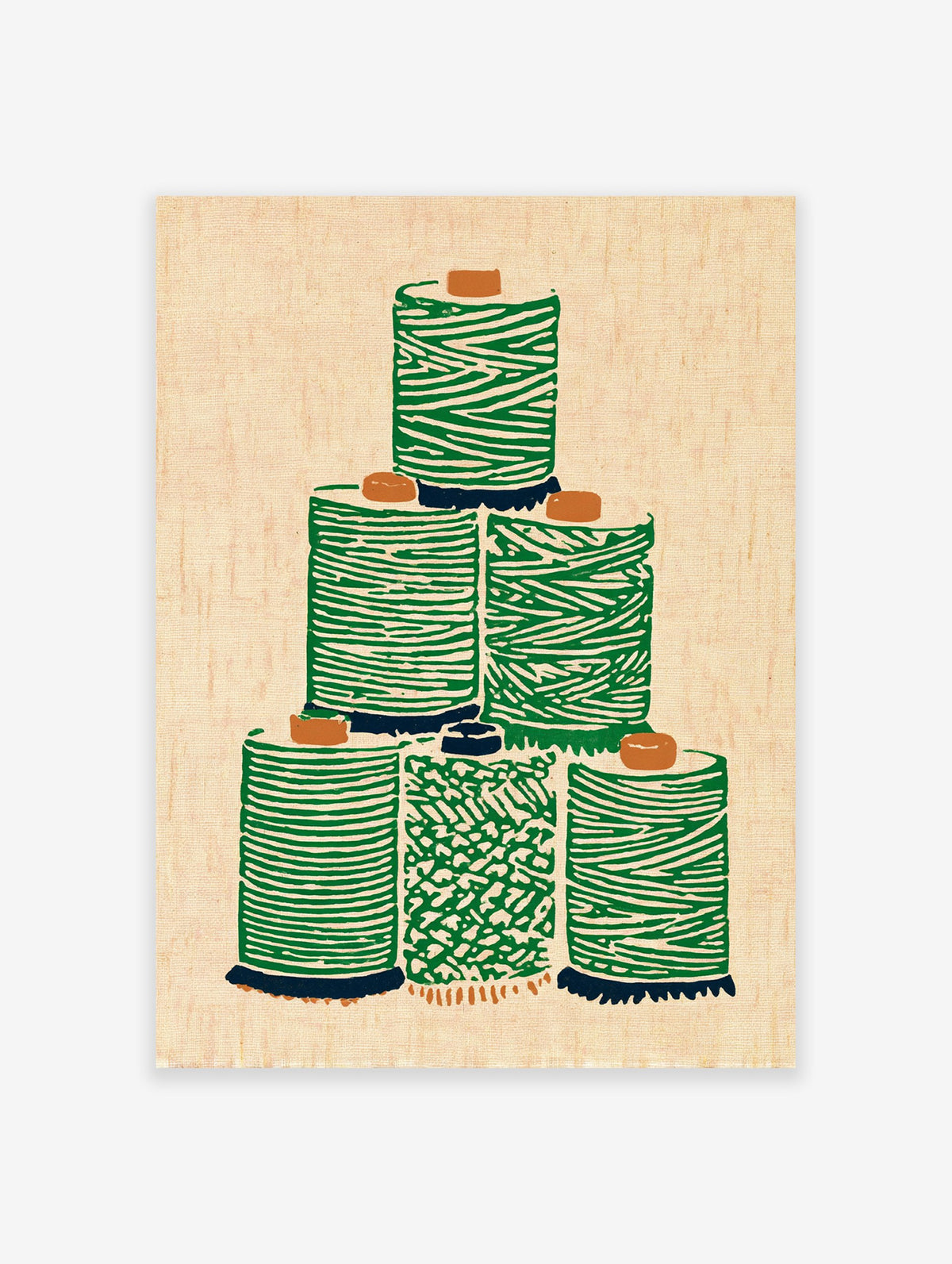 Green thread spool wall art illustration stacked on a light beige background with an illustrative, textured style.