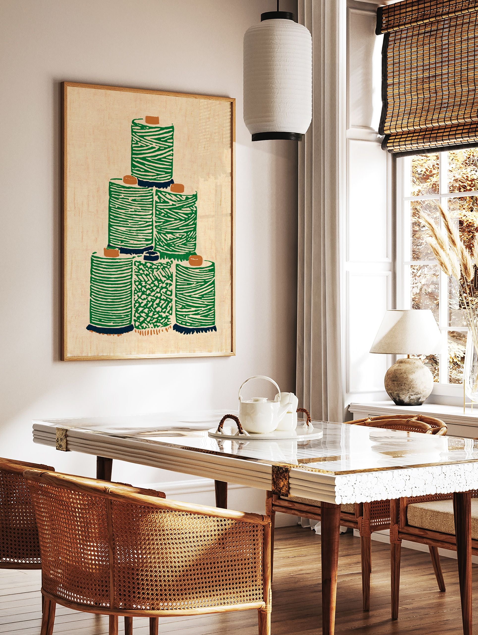 Green thread spool wall art illustration stacked on a light beige background with an illustrative, textured style. - Image 2